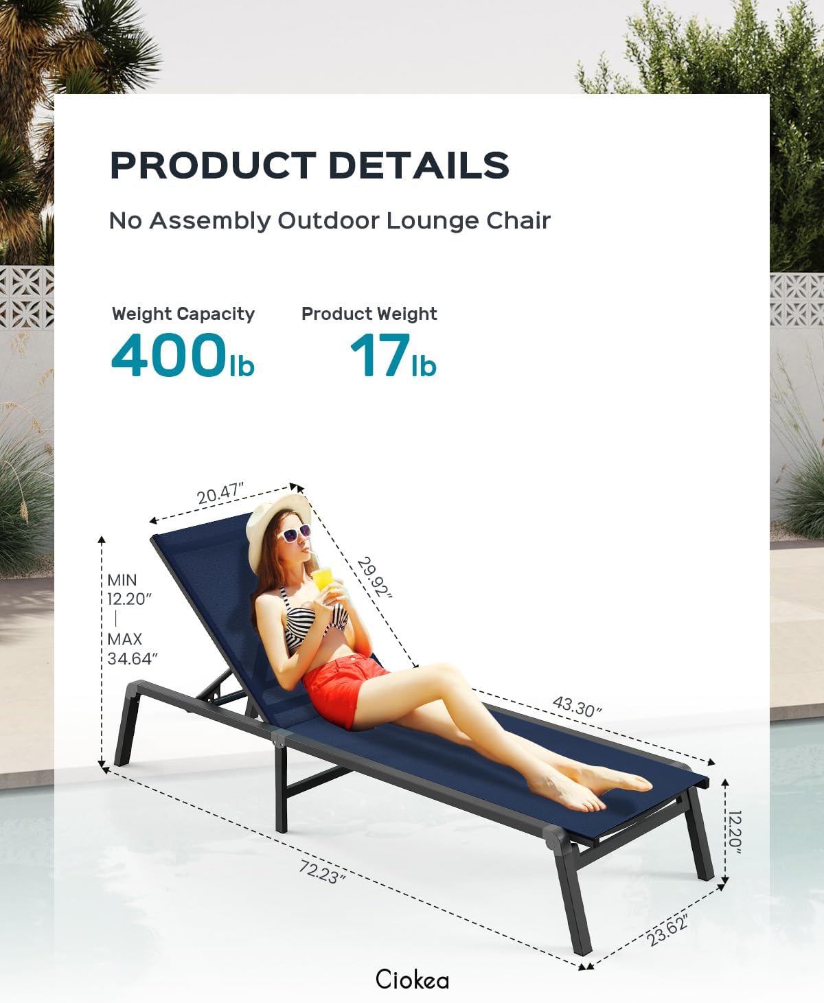 Aluminum Chaise Lounge Ourdoor - Foldable & Assemble Free Outdoor Lounge Chair with 5 Adjustable Backrest, Patio Lounge Chair for Outside Poolside Beach Pool, Black wourant