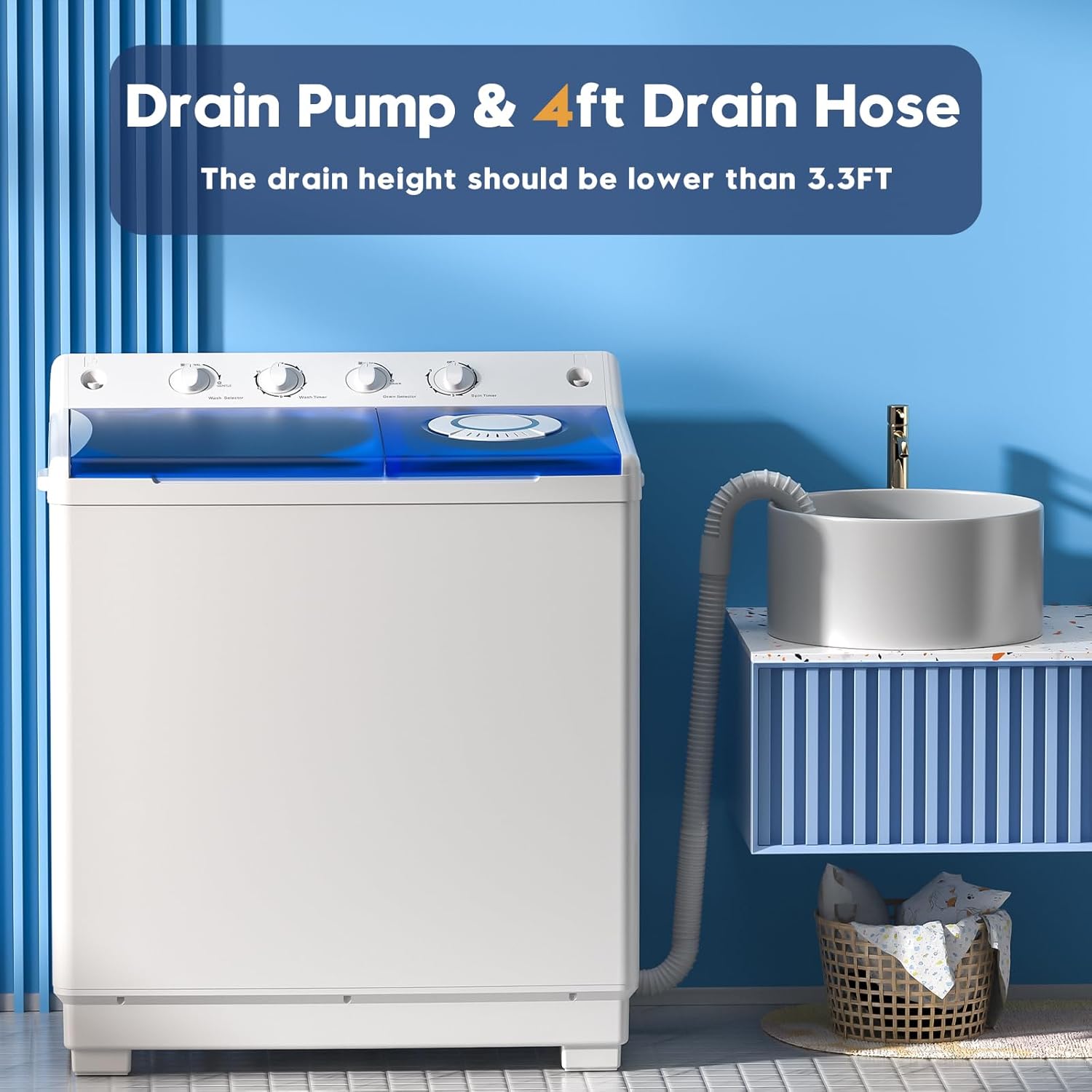 Auertech Portable Washing Machine 28lb Twin Tub Washing Machine Mini Compact Washing Machine with Drain Pump wourant