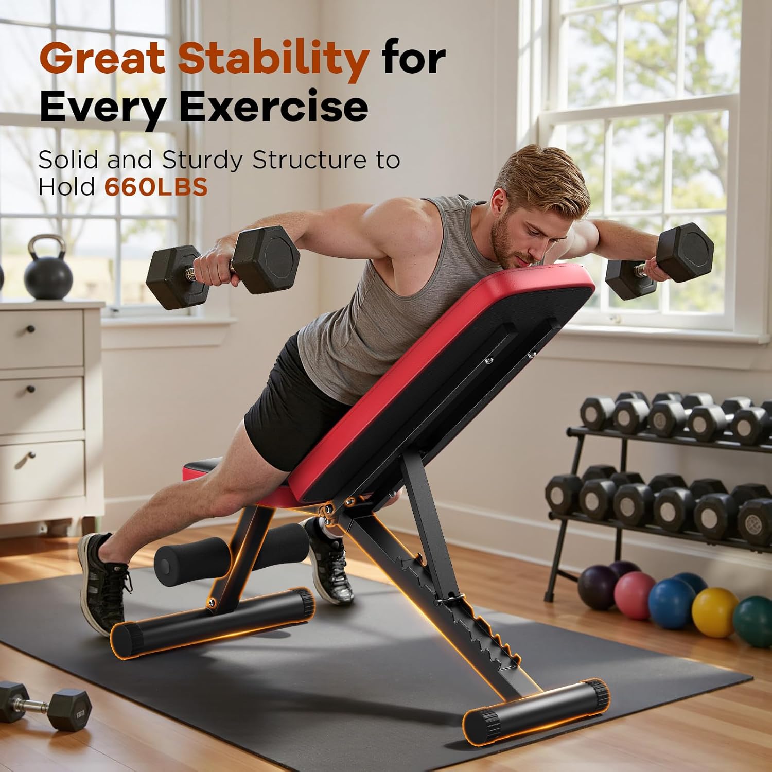 Basic Weight Bench for Home Gym, Foldable Workout Bench with 8 Backrests, 660LBS Weight Capacity Adjustable Bench wourant