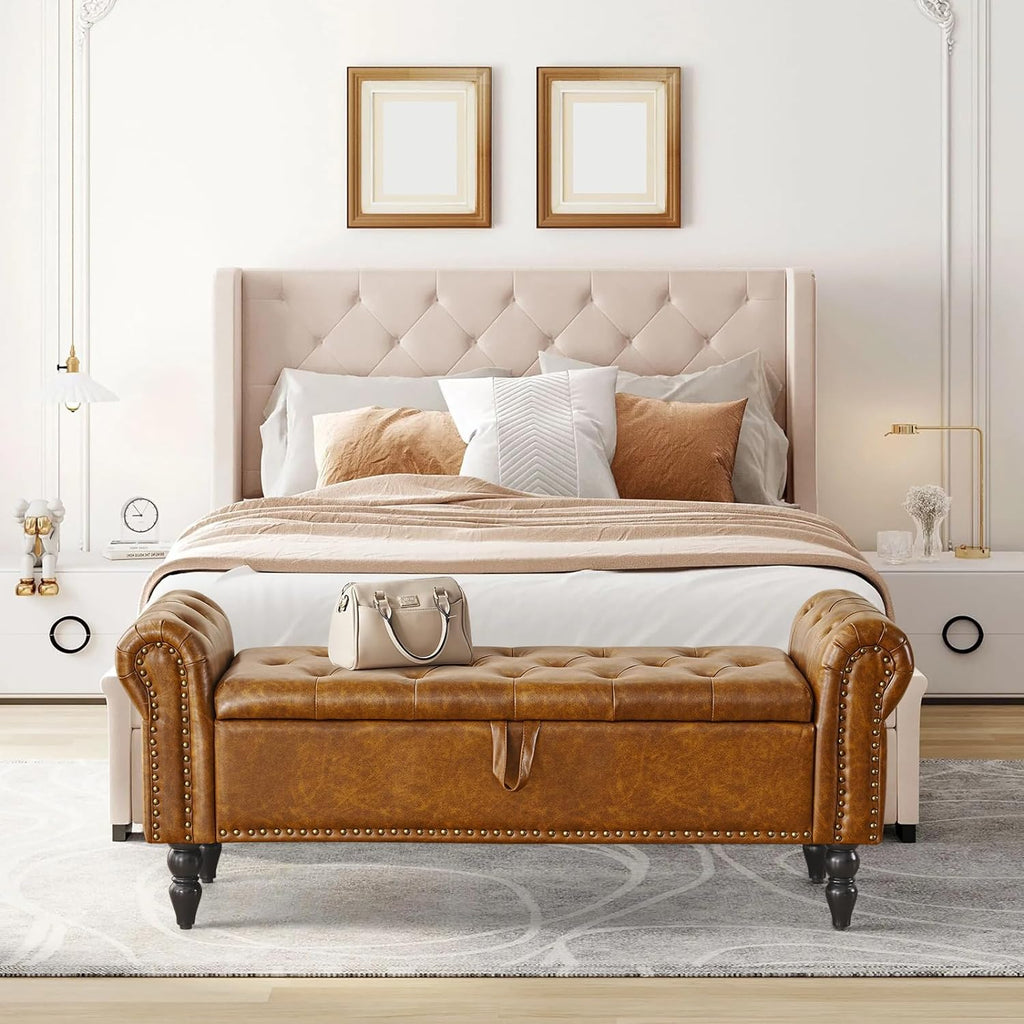 Furniliving Modern Storage Ottoman Bench, Sherpa Ottoman End of Bed Bench with Solid Wood Legs Upholstered Ottoman Benches with Storage Indoor Bench wourant
