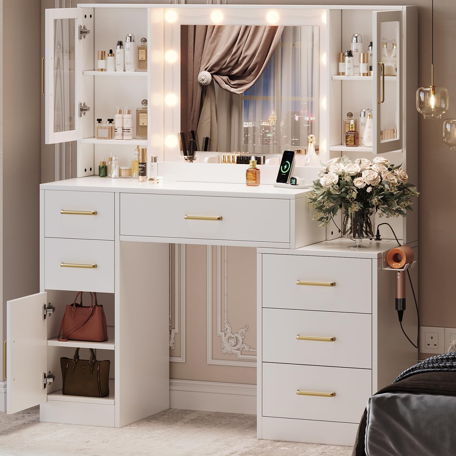 Black Vanity Desk with Mirror, Lights & Charging Station, 58.3" 3 Lighting Modes wourant