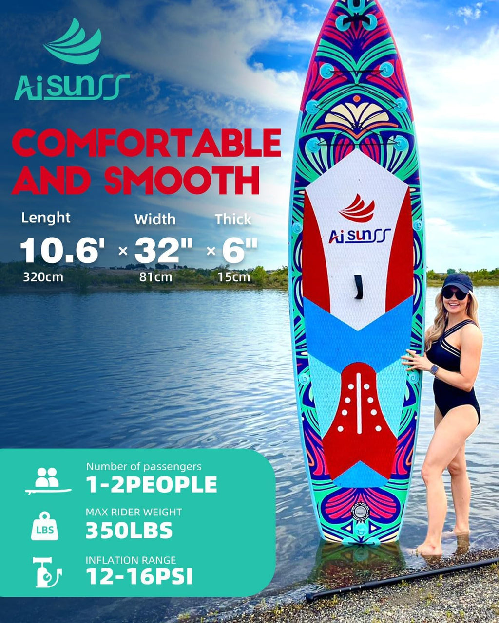 Inflatable wide SUP board with SUP carrying bag, hand pump, 10L waterproof bag and adjustable paddle wourant