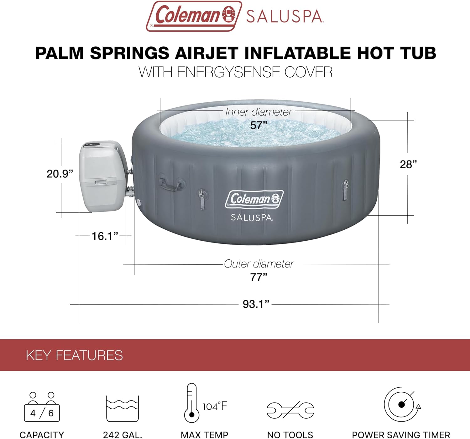 Bestway Palm Springs 4 to 6 Person EnergySense Smart AirJet Plus Inflatable Hot Tub Outdoor Spa with 140 AirJets and Insulated Cover wourant