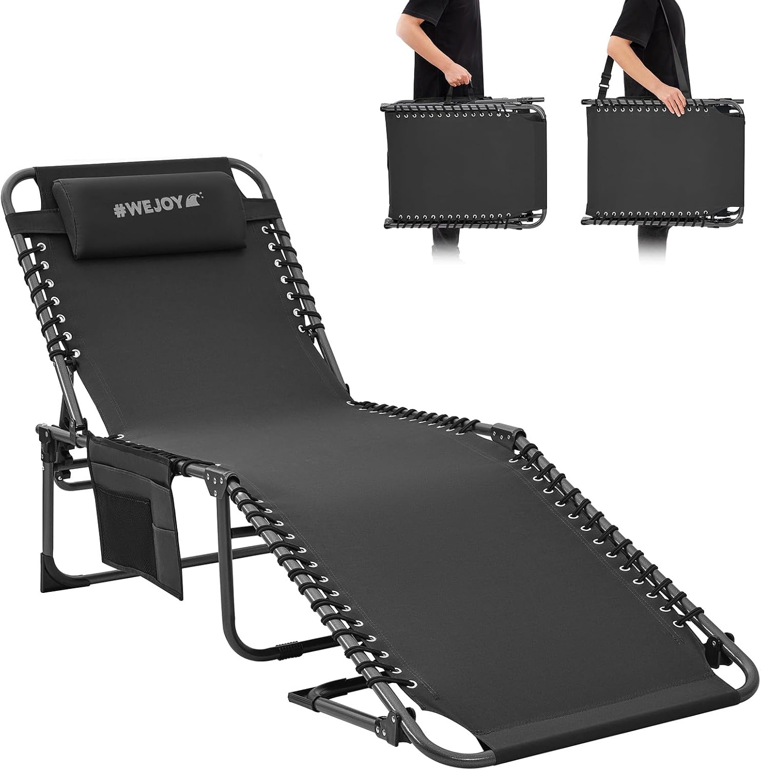 2 Pack Outdoor Chaise Lounge Chair - Portable Folding Patio Pool Lounge Chair, 5 Positions Adjustable Reclining Camping Chair with Side Table,Shoulder Strap, Pillow for Beach Sunbathing Lawn wourant