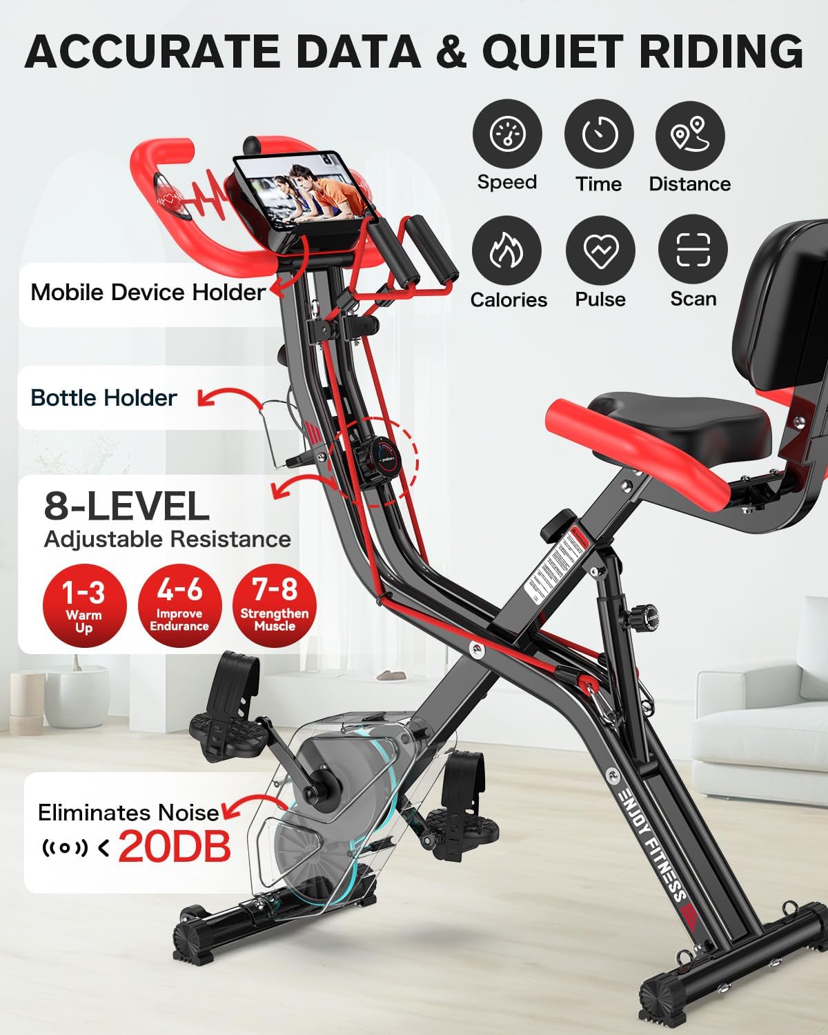 pooboo Folding Exercise Bike, Foldable Fitness Stationary Bike Machine, Upright Indoor Cycling Bike, Magnetic X-Bike with 8-Level Adjustable Resistance, Bottle Holder & Back Support Cushion for Home Gym Workout wourant