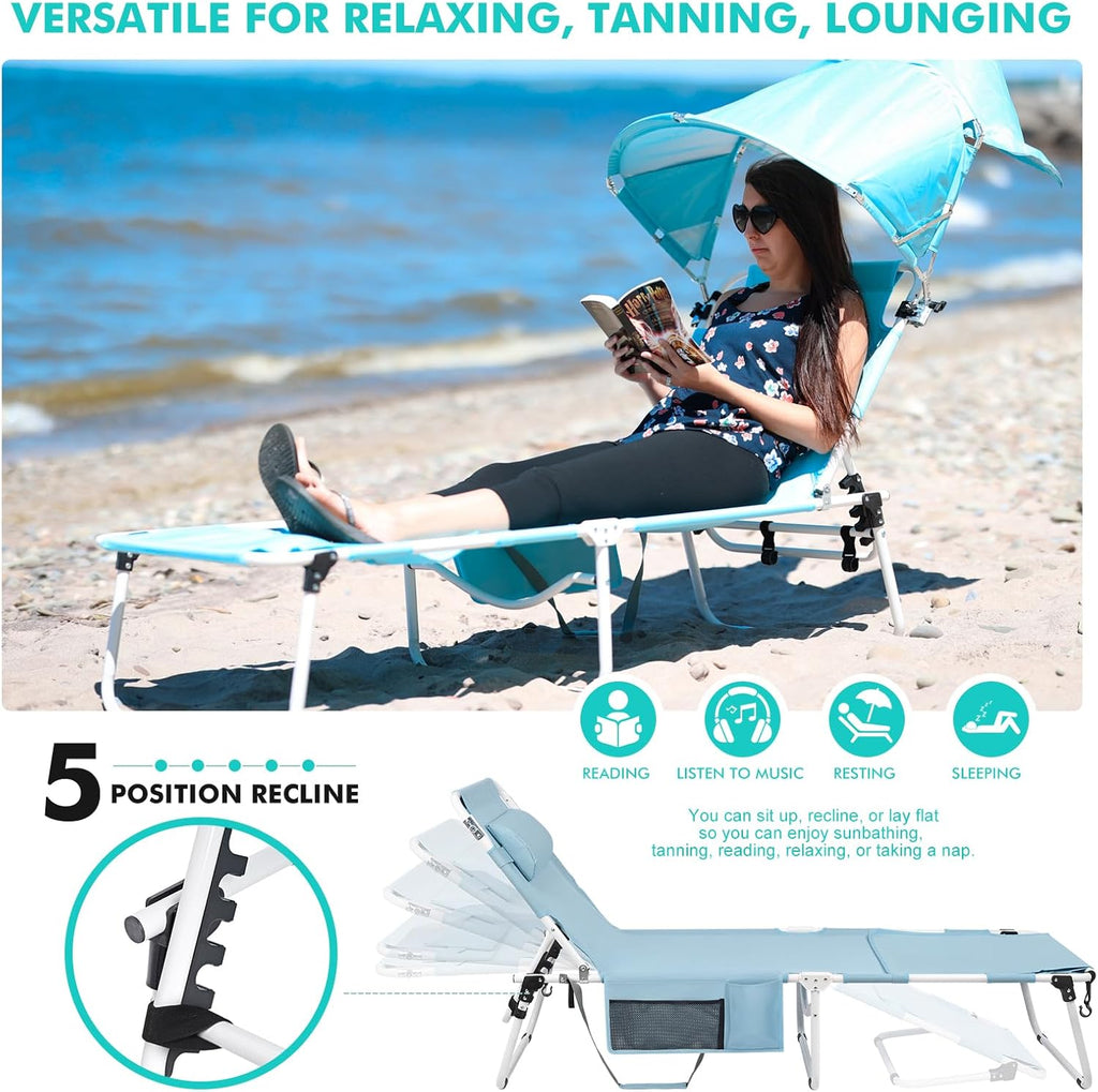 Tanning Chair with Sun Canopy Face Hole, Heavy Duty Folding Chaise Lounge Chair 5 Position Reclining for Adults Outside Reading Sunbathing Poolside Camping Beach, UPF 50+ Sun Shade, 300 LBS wourant