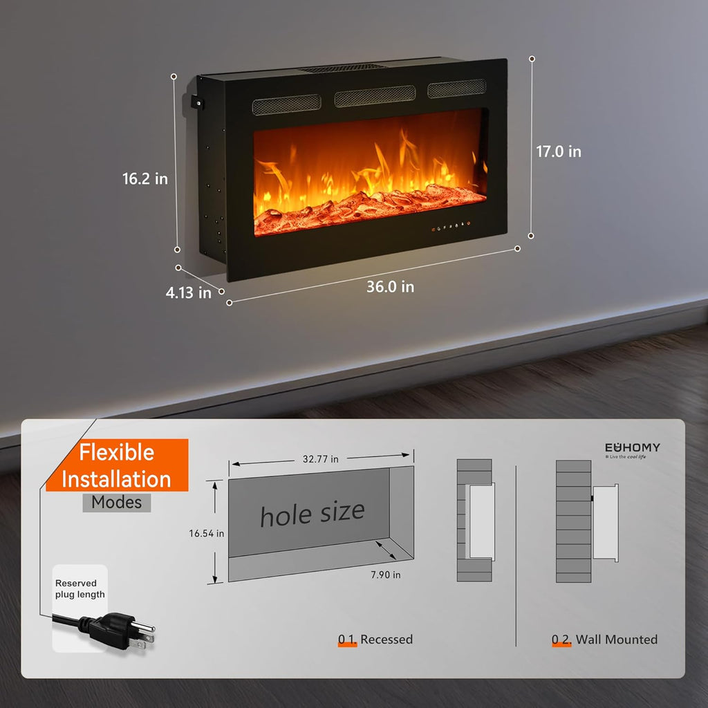 EUHOMY 50 Inch Electric Fireplace Wall Recessed and Wall Mounted with Adjustable Flame Color, Fireplace Heater with Remote Control, Linear Fireplace with Timer, Touch Screen, Log & Crystal, 750/1500W wourant