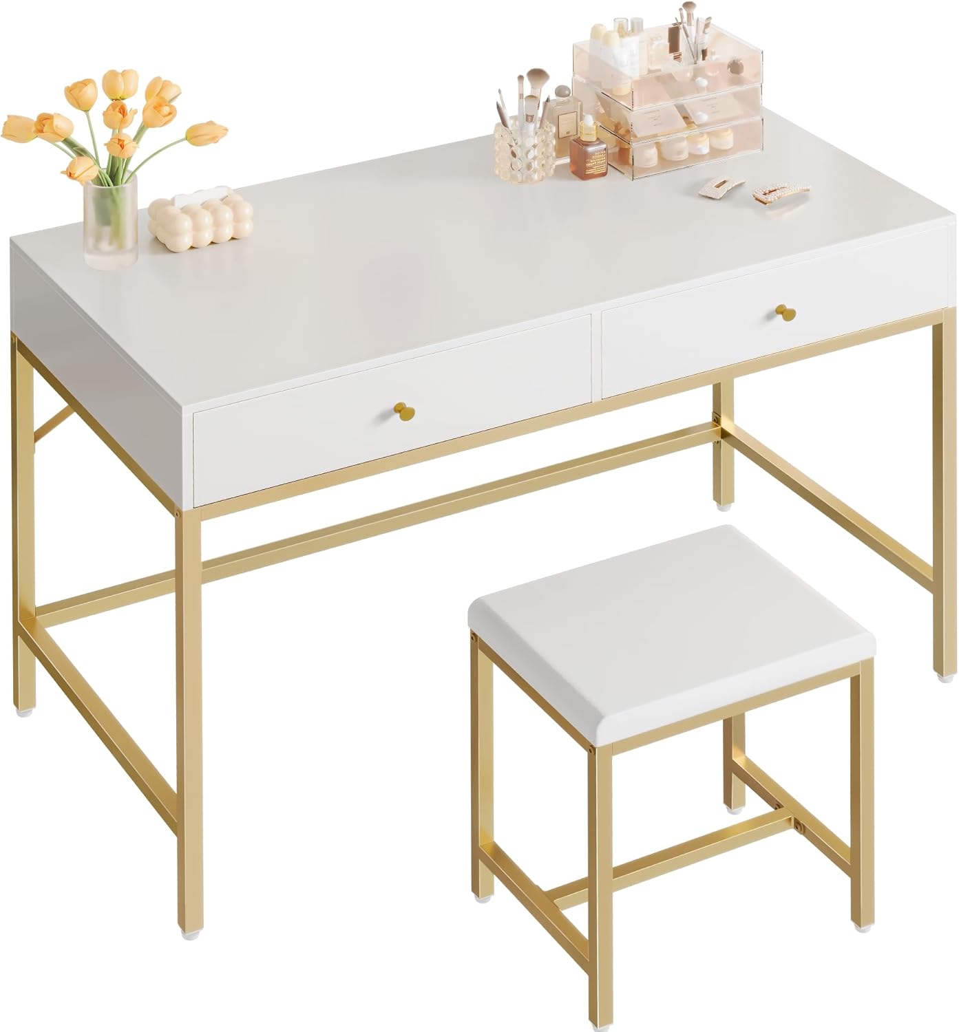 SUPERJARE 35.4" White and Gold Desk with 2 Drawers, Modern Makeup Vanity wourant