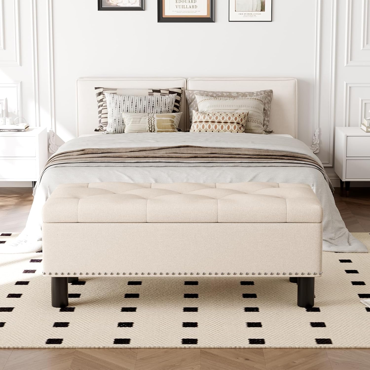 Furniliving Modern Storage Ottoman Bench, Sherpa Ottoman End of Bed Bench with Solid Wood Legs Upholstered Ottoman Benches with Storage Indoor Bench for Living Room with Rolled Arm, Entryway, White wourant