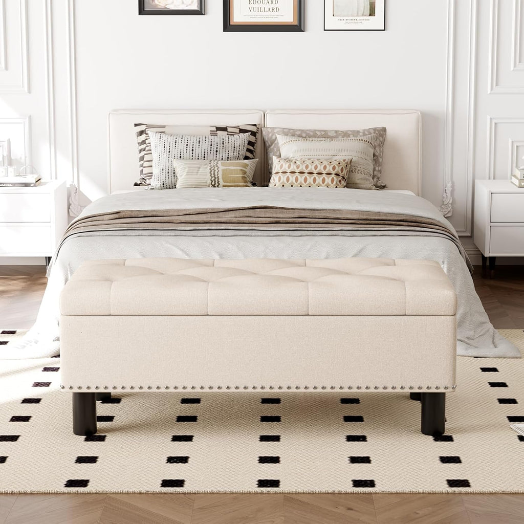 Furniliving Modern Storage Ottoman Bench, Sherpa Ottoman End of Bed Bench with Solid Wood Legs Upholstered Ottoman Benches with Storage Indoor Bench wourant