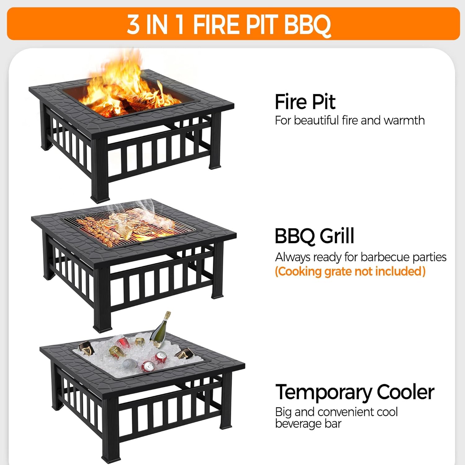 Yaheetech Multifunctional Fire Pit Table 32in Square Metal Firepit Stove Backyard Patio Garden Fireplace for Camping, Outdoor Heating, Bonfire and Picnic wourant