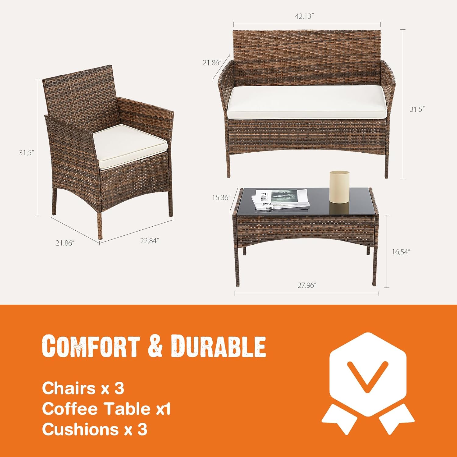 Sweetcripy Patio Furniture Set 3 Pieces, Outdoor Furniture with Soft Cushion and Glass Table, All Weather Manual Weaving Wicker Rattan Patio Chairs for Garden, Terrace, Porch(Black and Beige) wourant