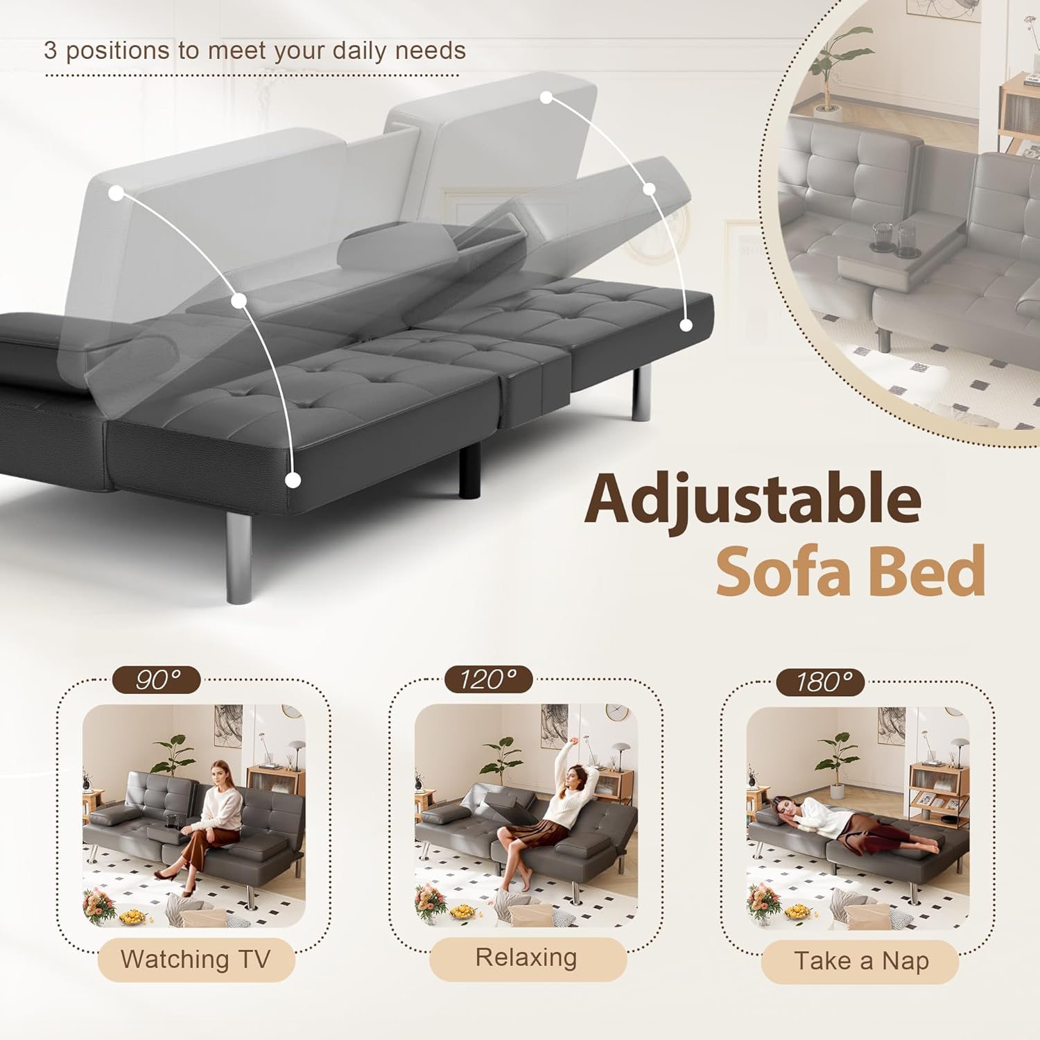 Shahoo Convertible Folding Futon Sofa Bed Sleeper Couch for Living Room Faux Leather wourant