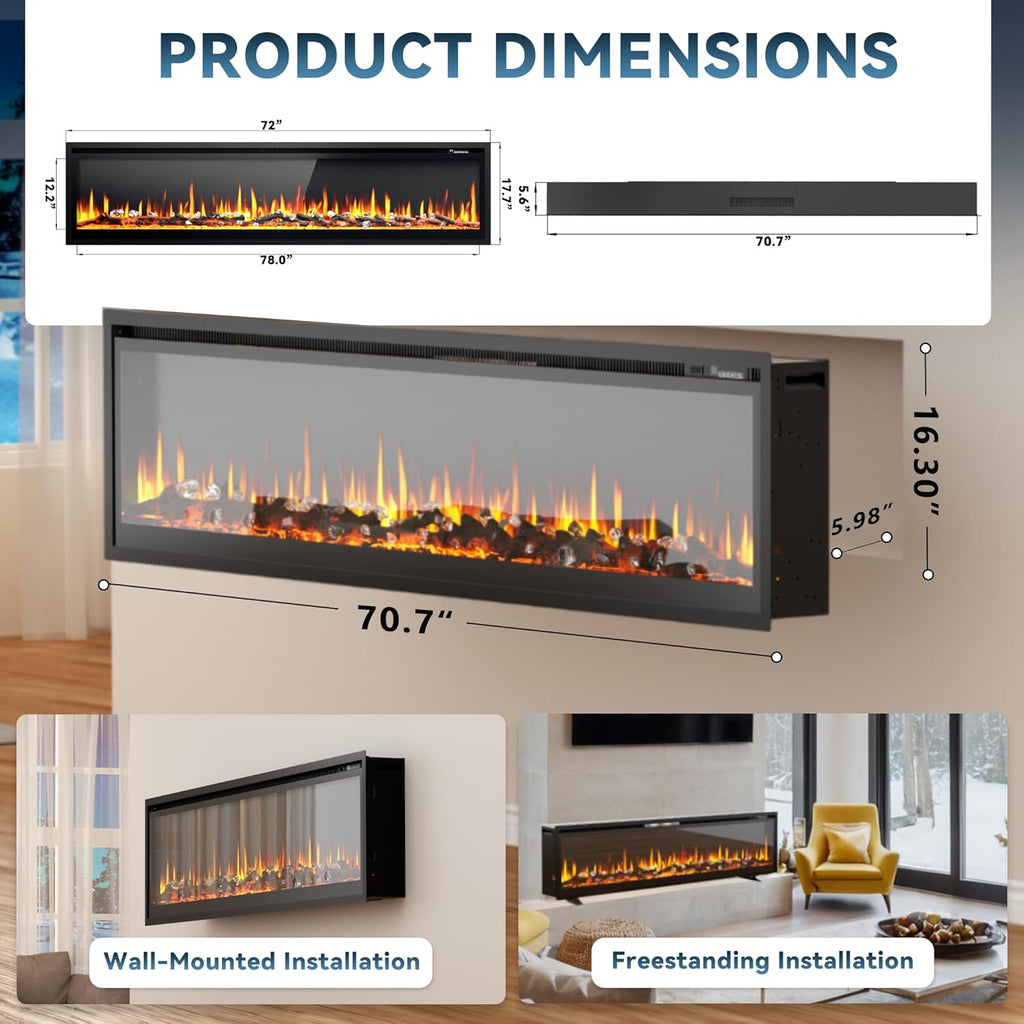 EUHOMY 50 Inch Electric Fireplace Wall Recessed and Wall Mounted with Adjustable Flame Color, Fireplace Heater with Remote Control, Linear Fireplace with Timer, Touch Screen, Log & Crystal, 750/1500W wourant