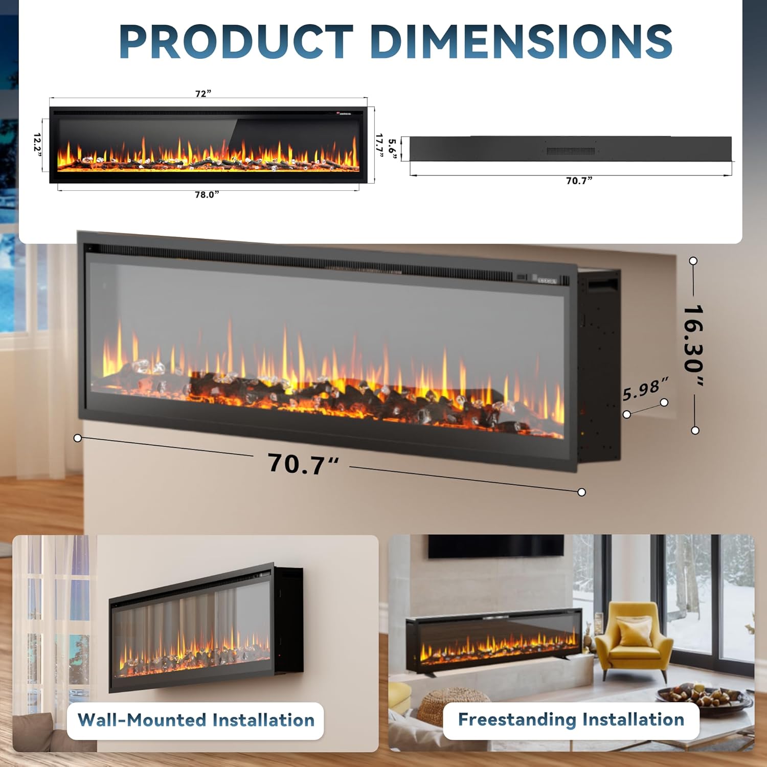EUHOMY 50 Inch Electric Fireplace Wall Recessed and Wall Mounted with Adjustable Flame Color, Fireplace Heater with Remote Control, Linear Fireplace with Timer, Touch Screen, Log & Crystal, 750/1500W wourant