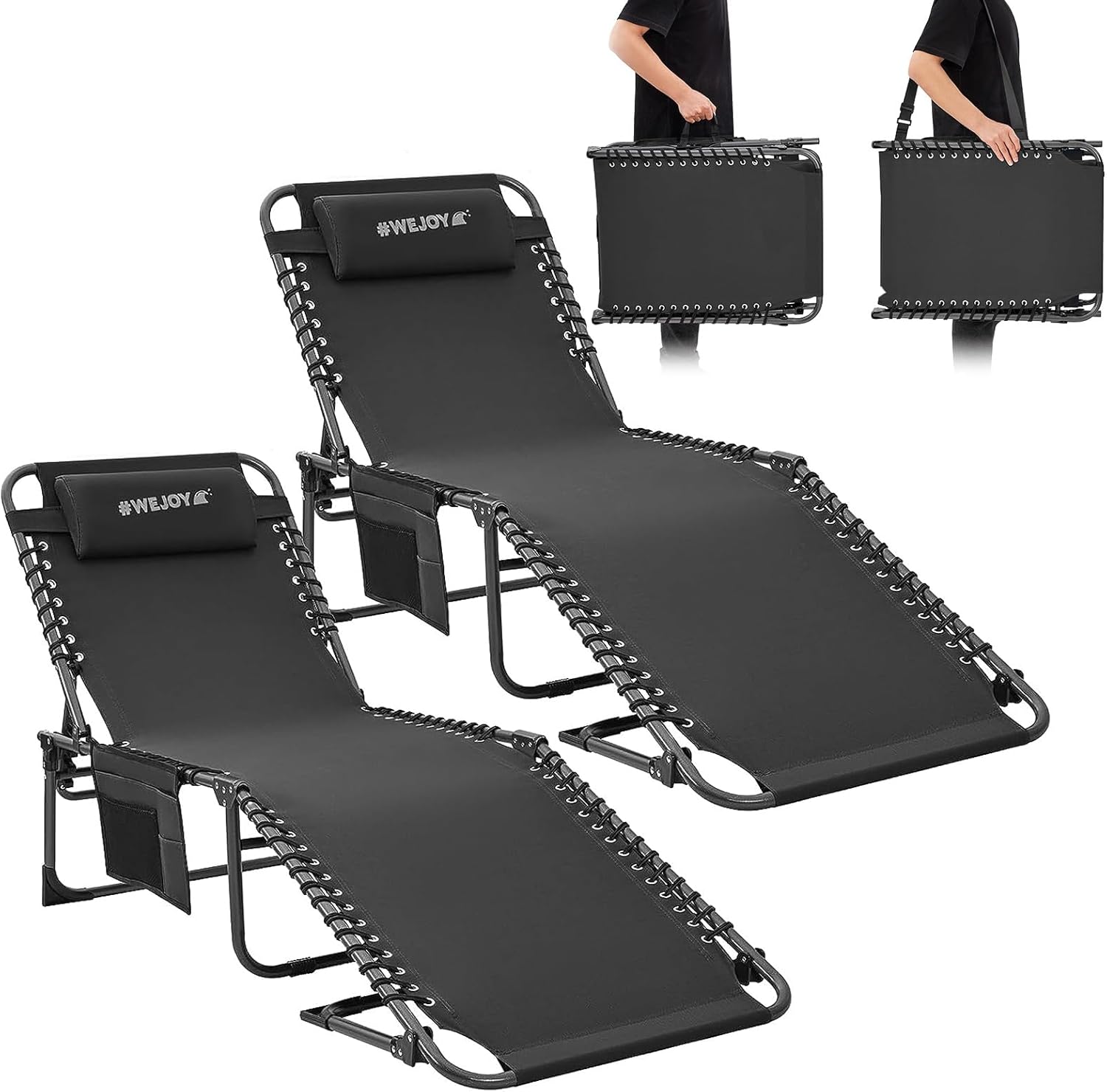 2 Pack Outdoor Chaise Lounge Chair - Portable Folding Patio Pool Lounge Chair, 5 Positions Adjustable Reclining Camping Chair with Side Table,Shoulder Strap, Pillow for Beach Sunbathing Lawn wourant