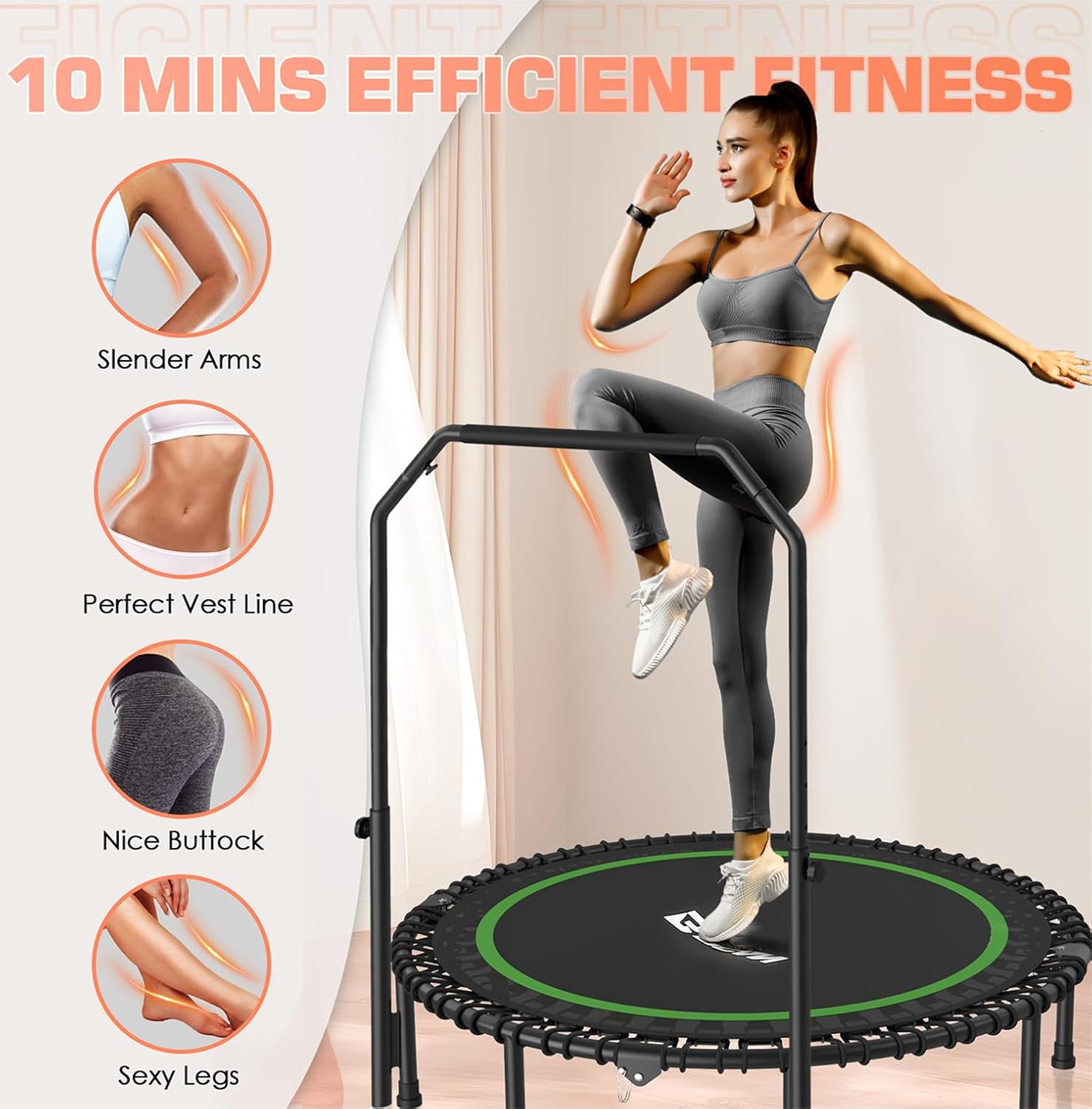 BCAN 450/550 LBS Foldable Mini Trampoline, 40"/48" Fitness Trampoline with Bungees, U Shape Adjustable Foam Handle, Stable & Quiet Exercise Rebounder for Adults Indoor/Outdoor Workout wourant
