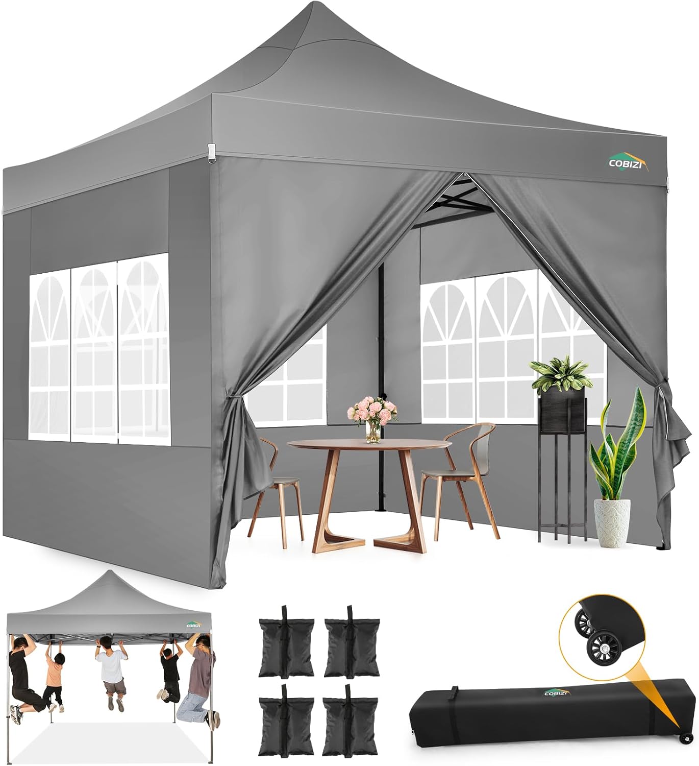 COBIZI 10x20 Heavy Duty Pop up Canopy Tent with 6 sidewalls Easy Up Commercial Outdoor Canopy Wedding Party Tents for Parties All Season Wind & Waterproof Gazebo with Roller Bag,Black(Frame Thickened) wourant