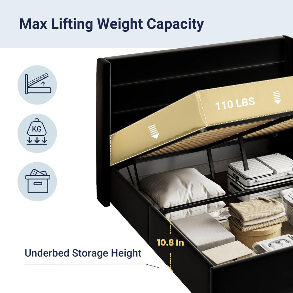 Allewie Queen Size Lift Up Storage Bed Modern Wingback Headboard Hydraulic Support wourant