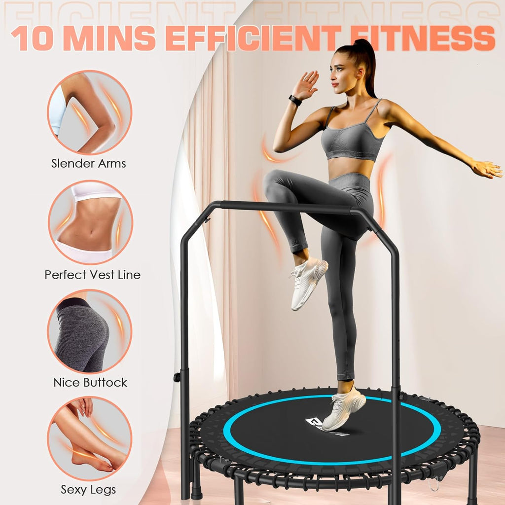 BCAN 450/550 LBS Foldable Mini Trampoline, 40"/48" Fitness Trampoline with Bungees, U Shape Adjustable Foam Handle, Stable & Quiet Exercise Rebounder for Adults Indoor/Outdoor Workout wourant