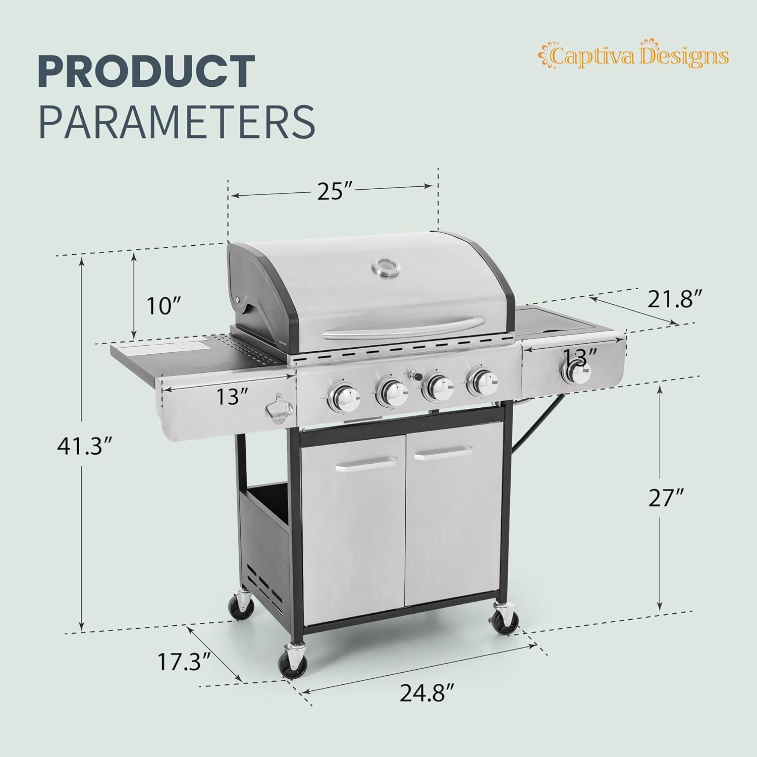 Captiva Designs 4-Burner Propane Gas BBQ Grill with Side Burner & Porcelain-Enameled Cast Iron Grates, 42,000 BTU Output Stainless Steel Grill for Outdoor Cooking Kitchen and Patio Backyard Barbecue wourant