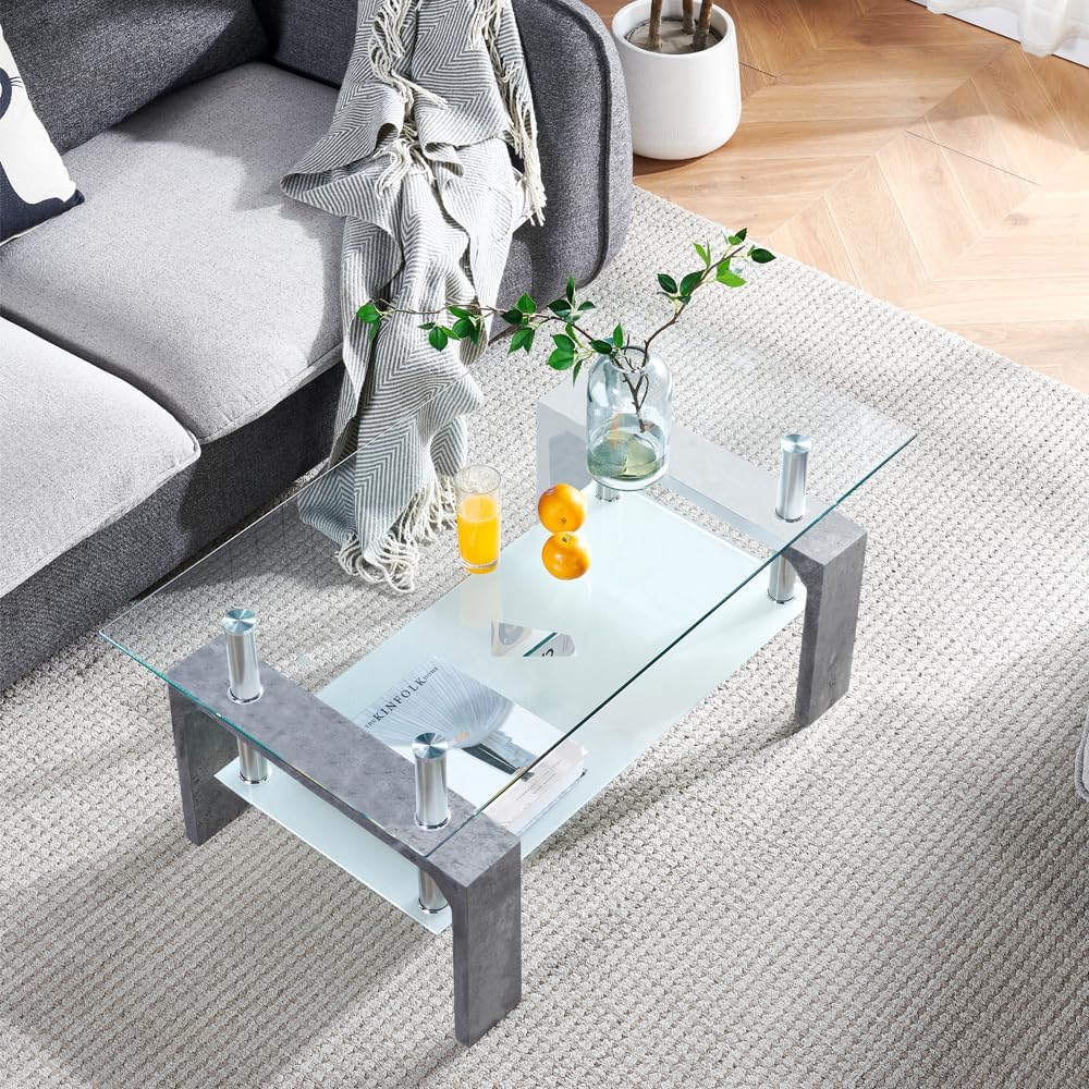 Living Room Rectangle Coffee Table, Tea Table Suitable for Waiting Room, Modern Side Coffee Table with Wooden Leg, Glass Tabletop wourant