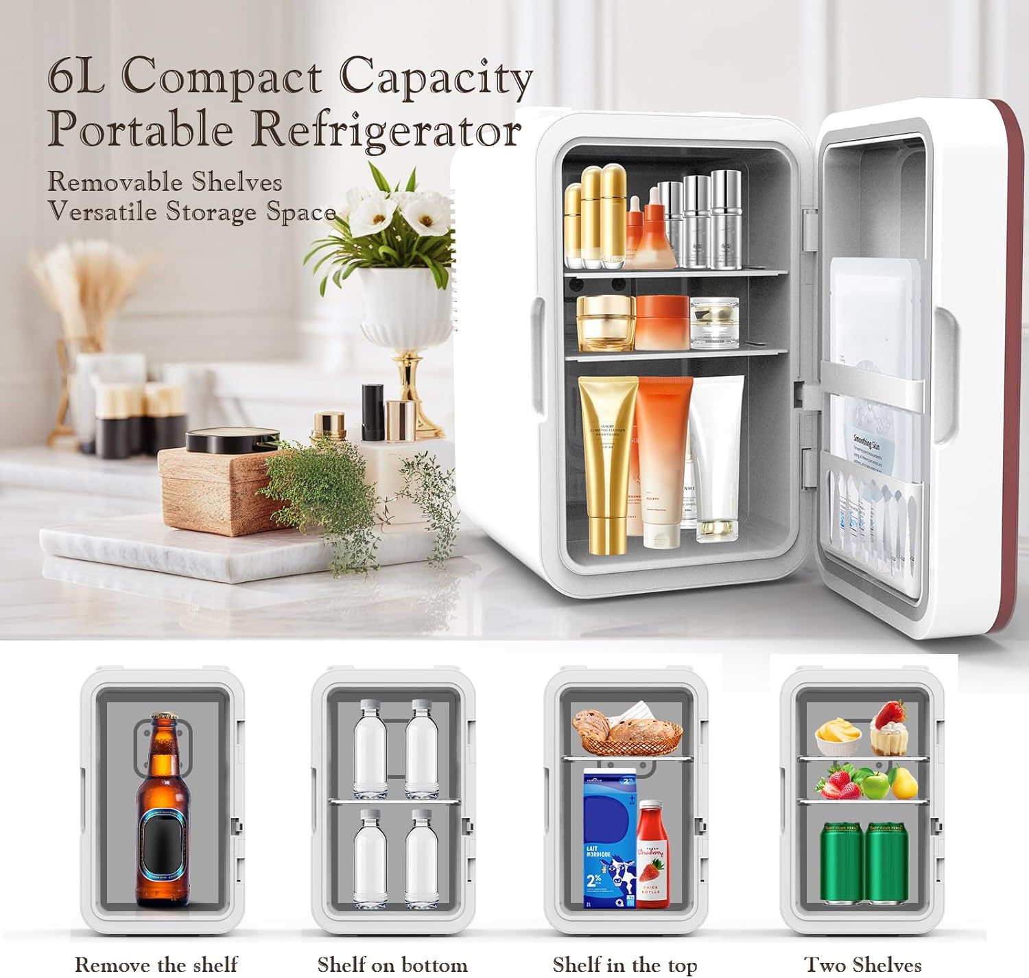 Skincare Fridge, 6L/10 Can Mini Fridge for Bedroom with Dimmable LED Mirror, Portable Cooler & Warmer Small Compact Refrigerator for Skincare, Cosmetics, Bedroom and Office, White wourant