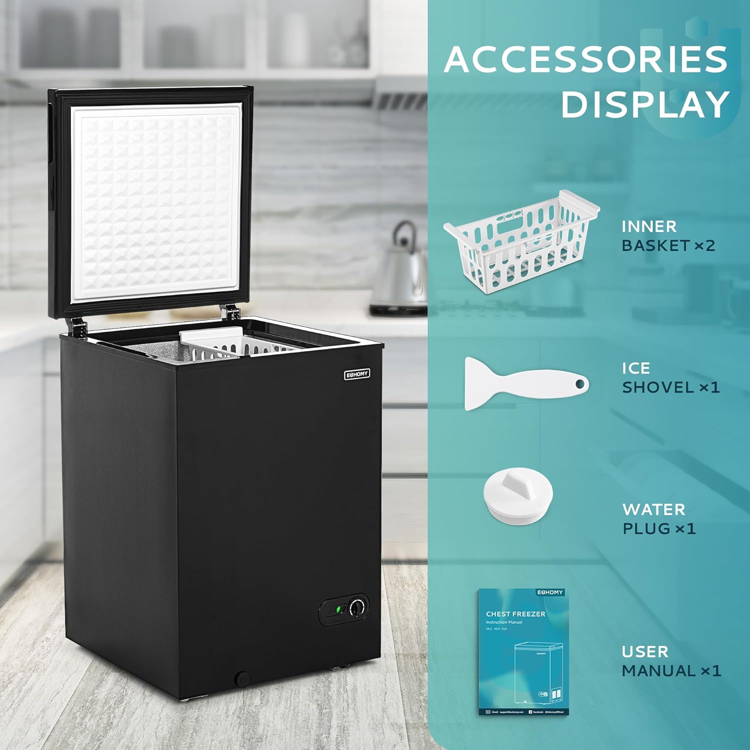EUHOMY 3.5 Cu.Ft Chest Freezer with Removable Basket, Small Deep Freezer Adjustable 7 Thermostat, Quiet Mini Freezer Free-Standing Top Door, Energy Saving for Apartment/Garage/Basement/Dorm/Home,Black wourant