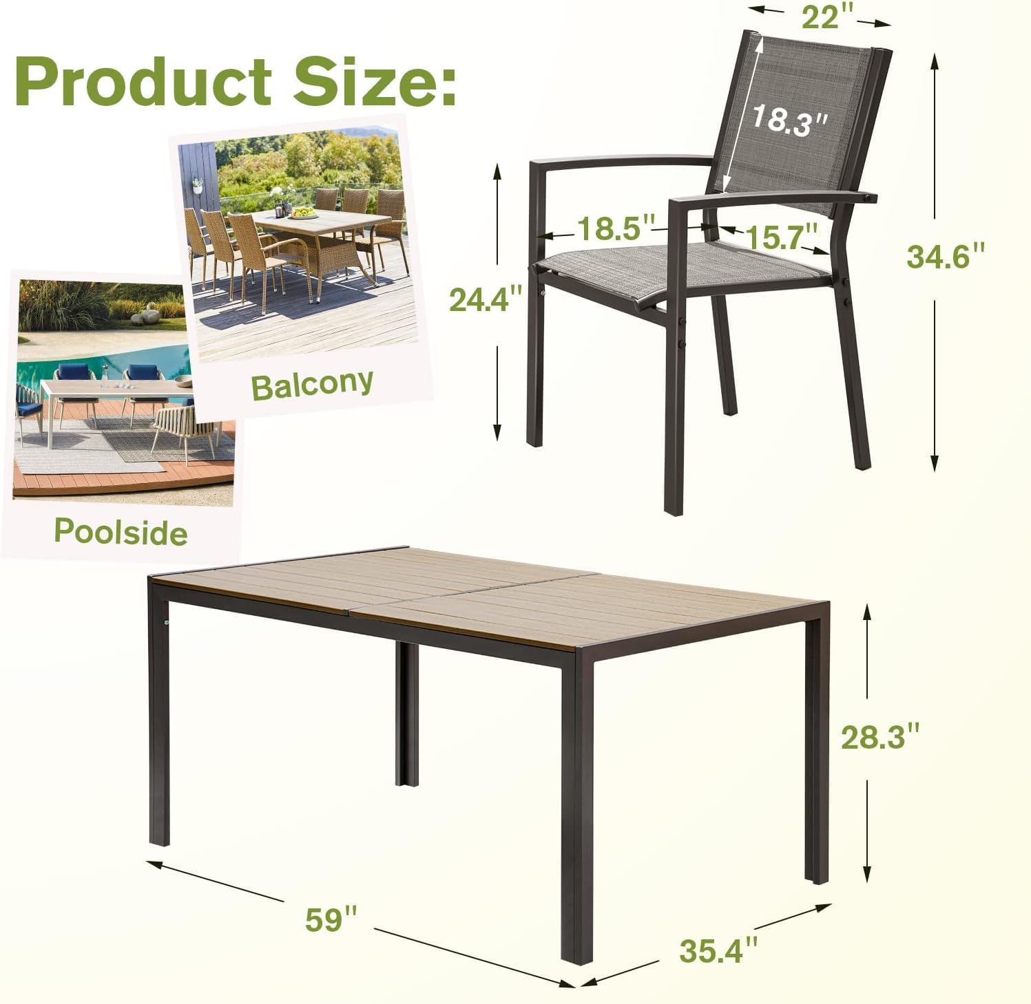 Homall Patio Dining Set 7 Pieces Outdoor Furniture with Large Table and 6 Textilene Chairs for Porch, Brown wourant