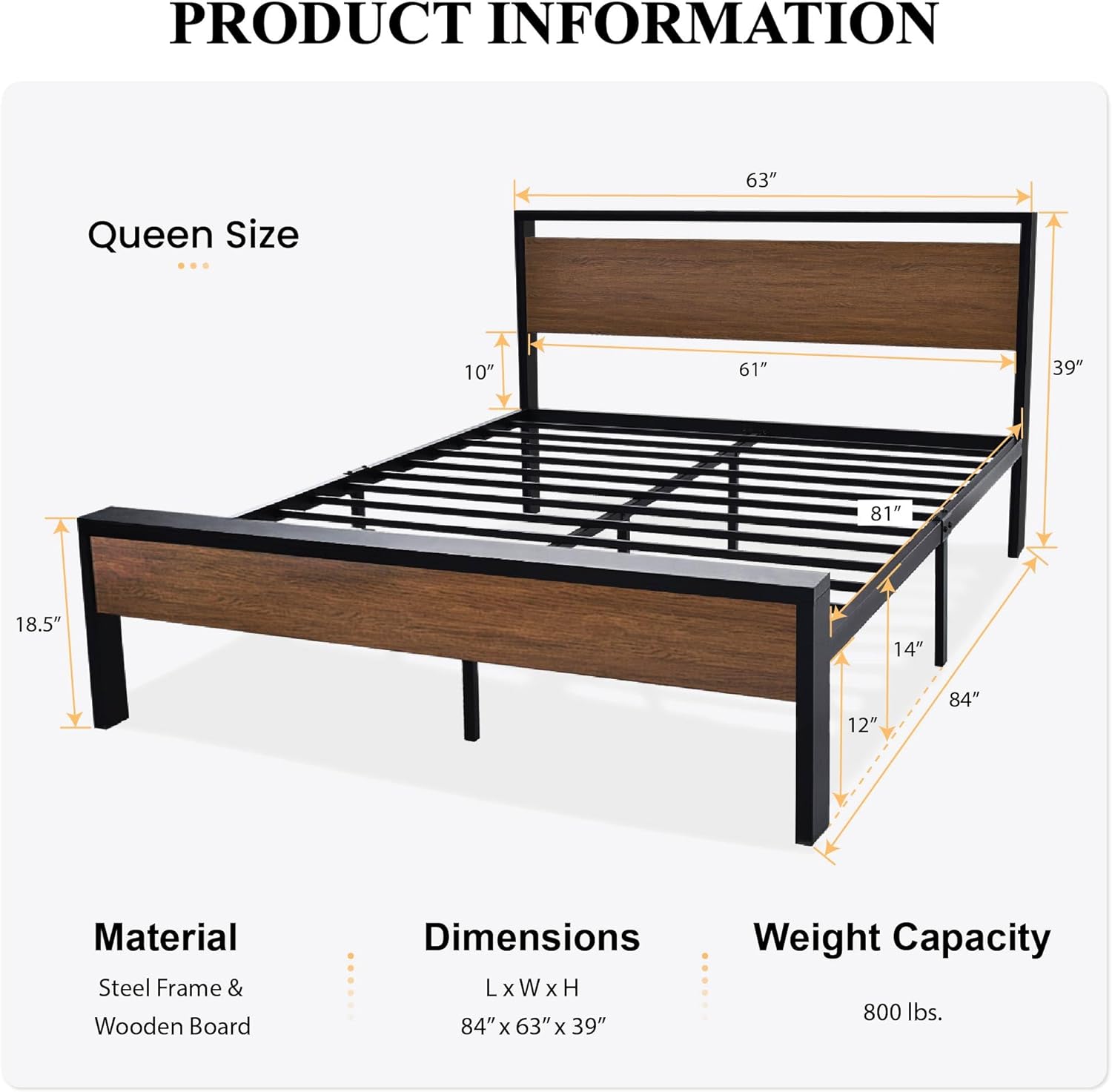 SHA CERLIN 14 Inch Full Size Metal Platform Bed Frame with Wooden Headboard and Footboard wourant