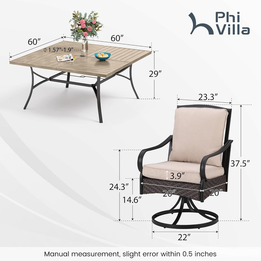 PHI VILLA 6-Piece Outdoor Dining Sets, All-Weather Patio Table and Chairs Set with Umbrella for 4, Heavy Duty Patio Round Table Set for Deck, 4 Extra Large Outdoor Swivel Chairs with Thick Cushions wourant