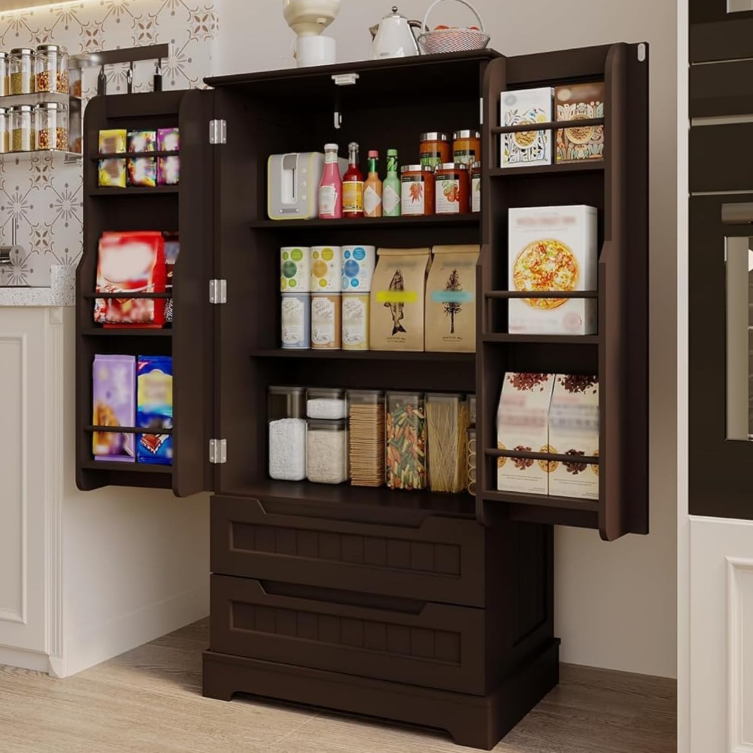 Gizoon Kitchen Pantry Cabinet with Drawers Freestanding Bathroom Storage Cabinet with Doors and Shelves, 47 Inch Small Pantry Cabinet wourant