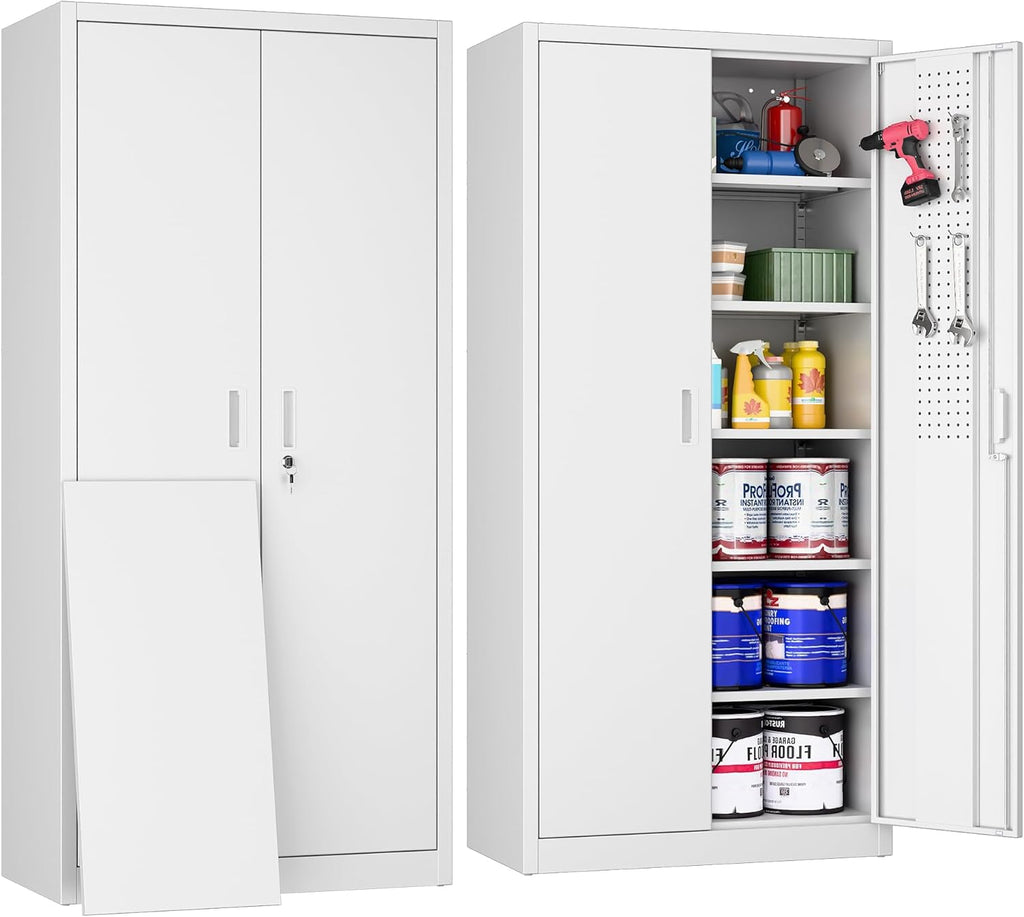 Metal Storage Cabinet with Pegboard 71'' x 34'' x 18'',Lockable Steel Storage Cabinet with 5 Adjustable Shelves and Door for Garage, Office, Kitchen, Assembly Required(Black) wourant
