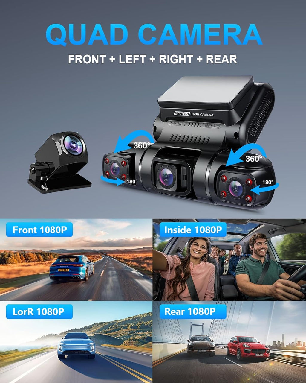 PRUVEEO 360-degree view car dash cam, built-in GPS WiFi night vision, 24/7 all-weather recording parking mode monitor, free 128G card wourant
