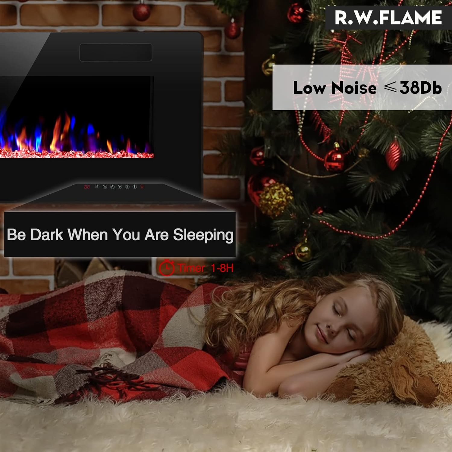R.W.FLAME 60" Recessed and Wall Mounted Electric Fireplace, Low Noise, Fit for 2 x 6 Stud, Remote Control with Timer, Touch Screen, Adjustable Flame Color and Speed, 750-1500W wourant