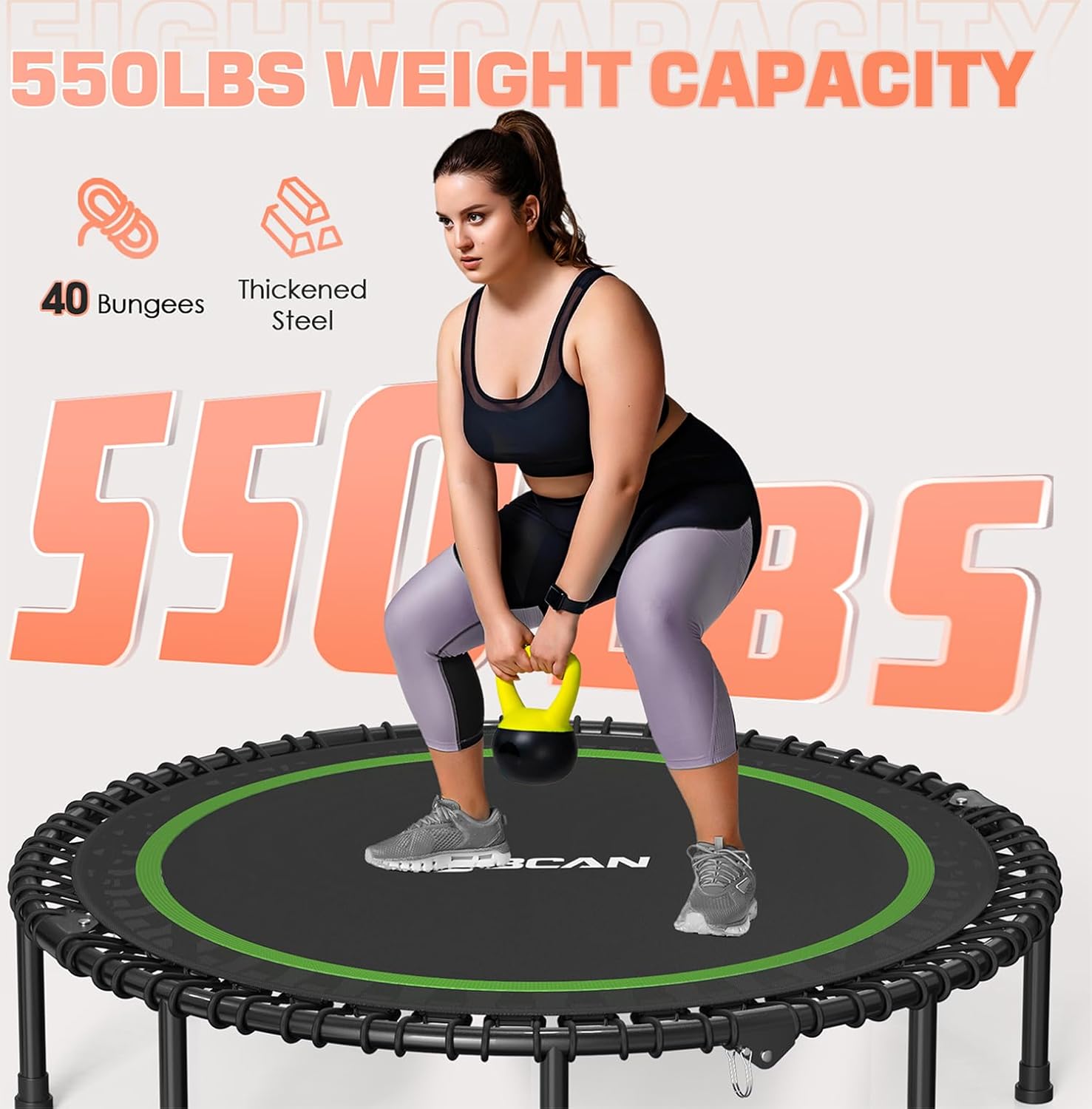 BCAN 450/550 LBS Foldable Mini Trampoline, 40"/48" Fitness Trampoline with Bungees, U Shape Adjustable Foam Handle, Stable & Quiet Exercise Rebounder for Adults Indoor/Outdoor Workout wourant