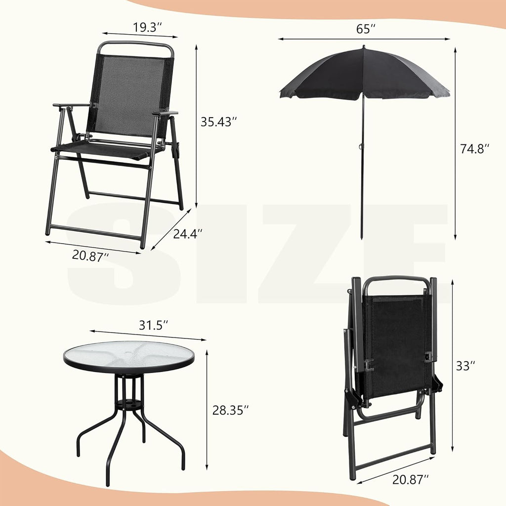 Vongrasig 6 Piece Folding Patio Dining Set,Small Metal Outdoor Garden Patio Table and Chair Set w/Umbrella for Lawn,Deck,Backyard,Black wourant