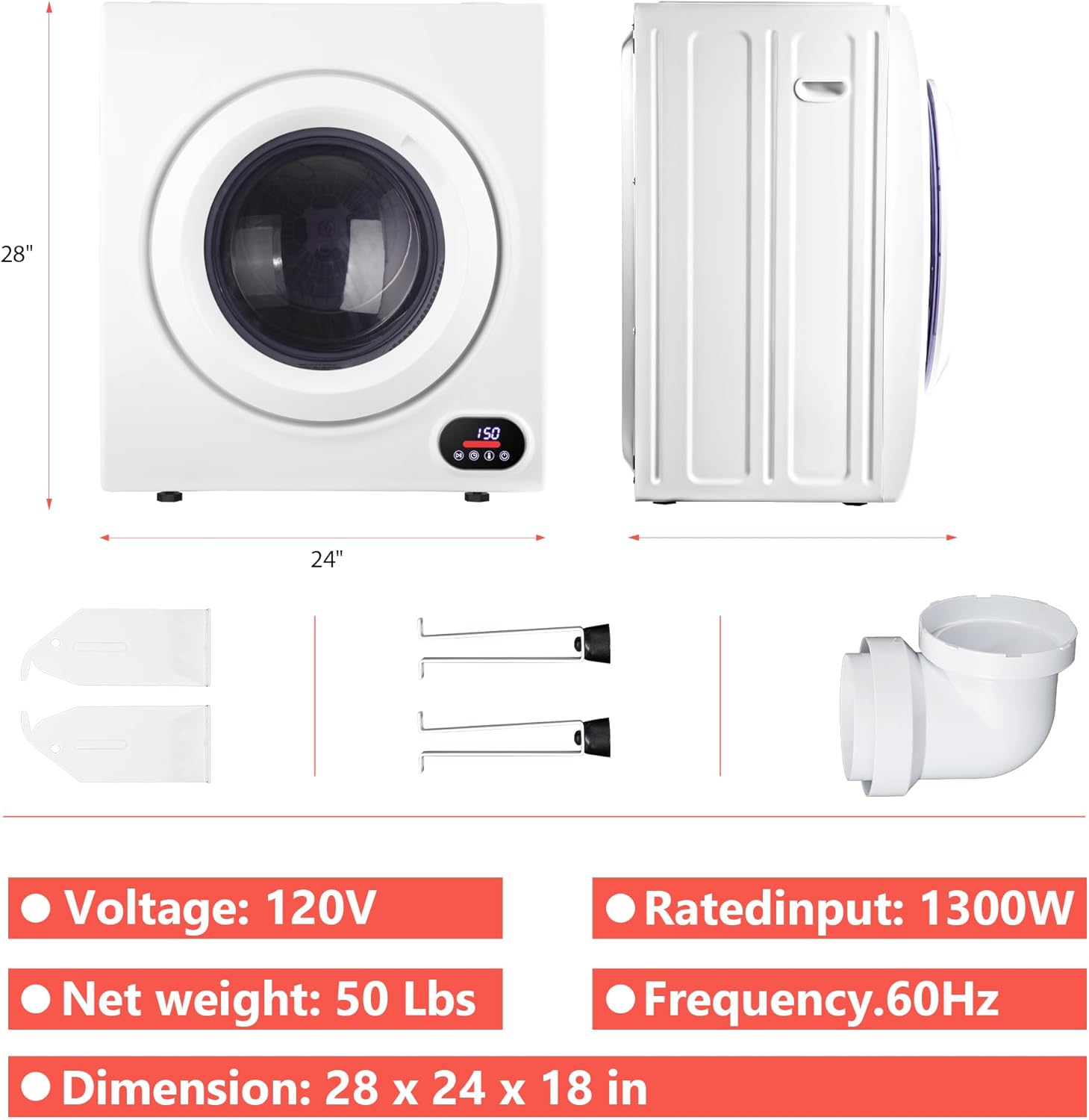 Compact Laundry Dryer, 3.5 cu ft Front Load Stainless Steel Clothes Dryers With Exhaust Pipe, 1500W, LCD Control Panel Four-Function Portable Dryer For Apartments, Home, Dorm, White wourant