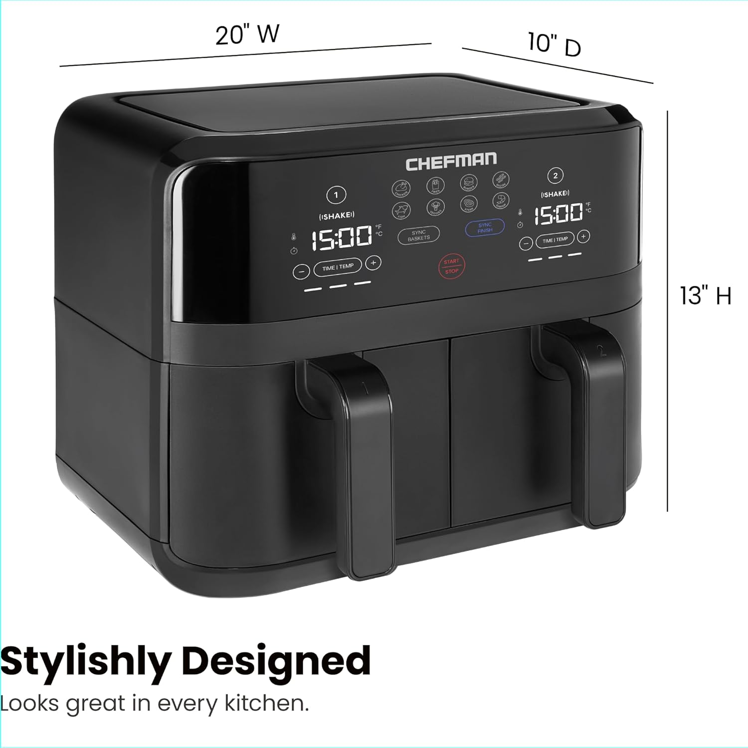 Chefman 6 Quart Dual Basket Air Fryer - Digital Touchscreen, Smart Sync Finish, Hi-Fry, Auto Shutoff, 2 Independent 3QT Nonstick Dishwasher-Safe Frying Baskets - Digital Double Air Fryer - Black wourant