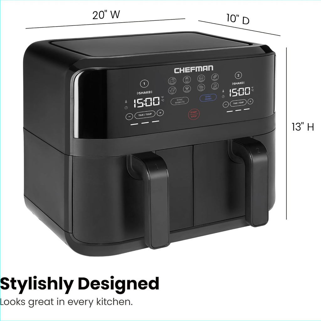 Chefman 6-Quart Dual Basket Air Fryer - Digital Touchscreen, Smart Sync Finish, High-Frying, Auto-Off, 2 Independent 3-Quart Nonstick Pans, Dishwasher-Safe Baskets wourant