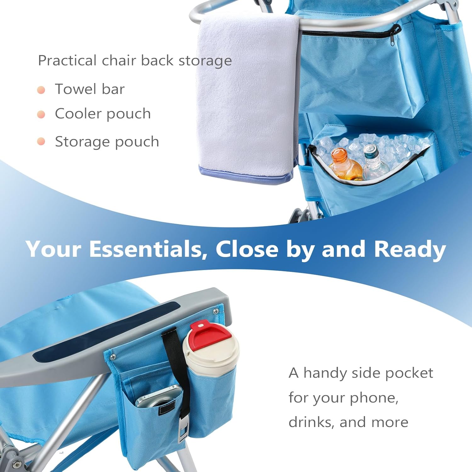 5-Position Aluminum Lay Flat Tall Backpack Beach Chairs 2 Pack Compact Portable Beach Chairs for Adults with Cooler Pouch, Storage Pouch, Towel Bar, Cup Holder & Phone Holder, Blue Stripe wourant