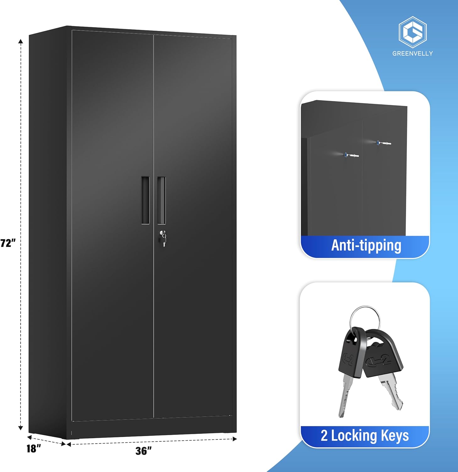 Greenvelly Metal Storage Cabinet, 72" Black Locking Metal Cabinet with 2 Doors and 4 Adjustable Shelves, Lockable Garage Storage Cabinets for Home Office, Garage, Kitchen, Living Room wourant
