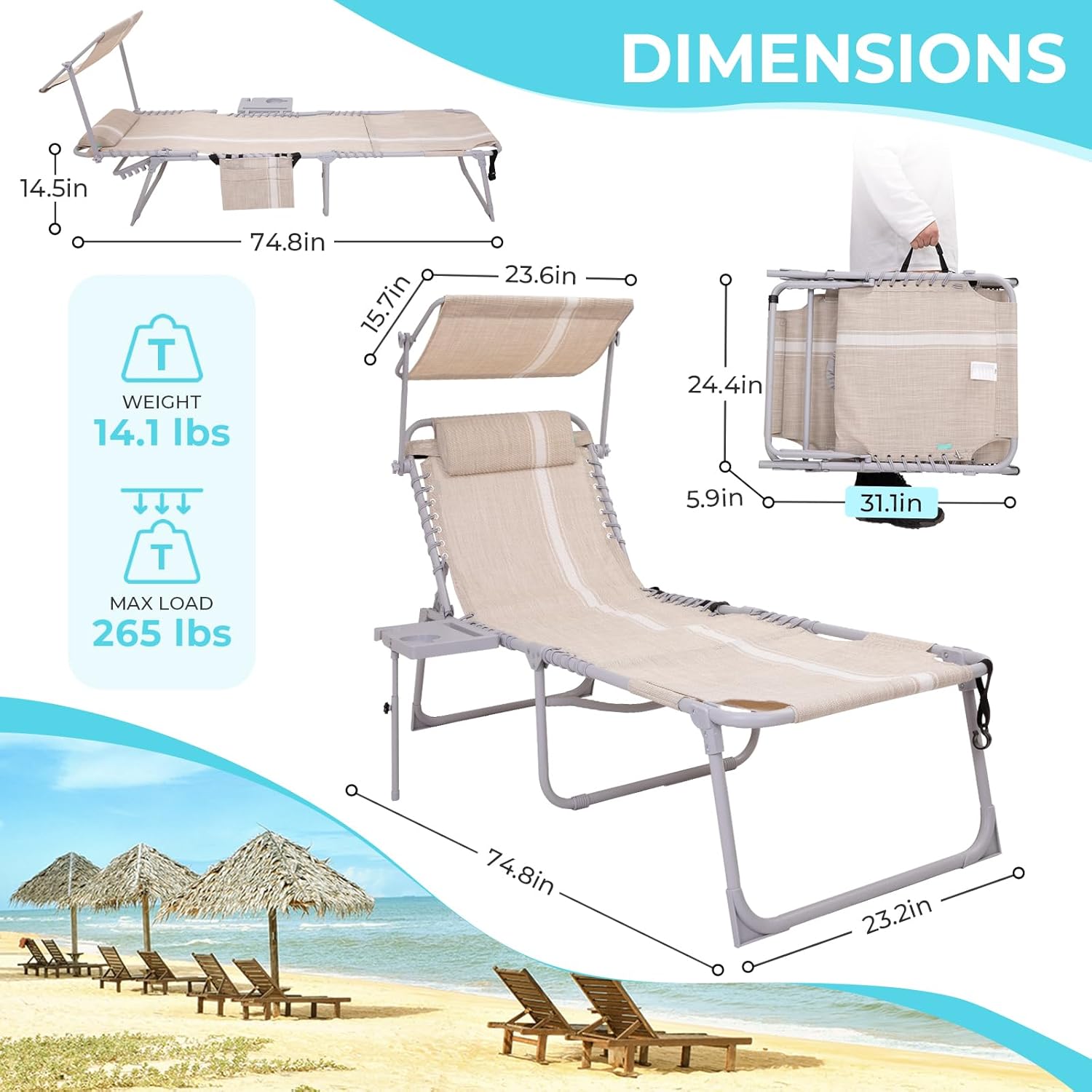 2 Pack Outdoor Chaise Lounge Chair - Portable Folding Patio Pool Lounge Chair, 5 Positions Adjustable Reclining Camping Chair with Side Table,Shoulder Strap, Pillow for Beach Sunbathing Lawn wourant