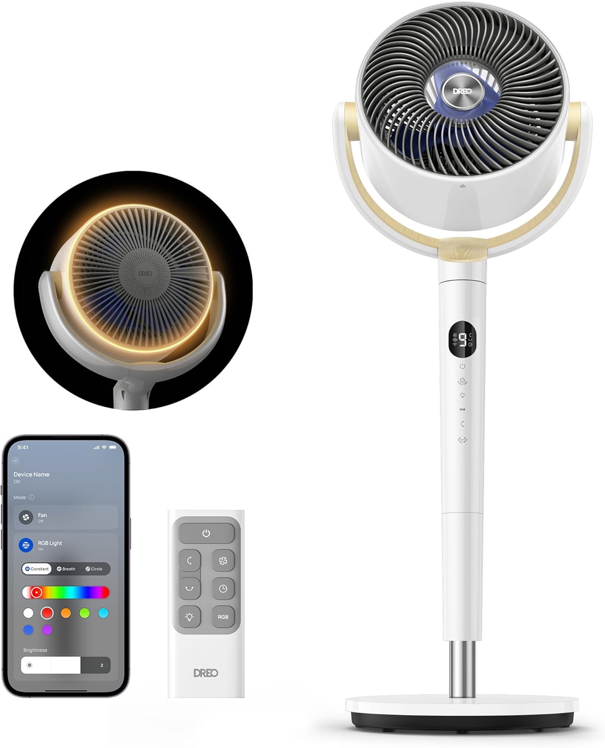 DREO Smart Fan for Bedroom, 120° +120° Omni-Directional Oscillating Fans, 100ft Quiet Pedestal Fan with RGB Light, 9 Speeds, 6 Modes, 20dB, 8H Timer, Wi-Fi/Voice/Alexa, 37-42" Floor Fans with Remote woonhhop