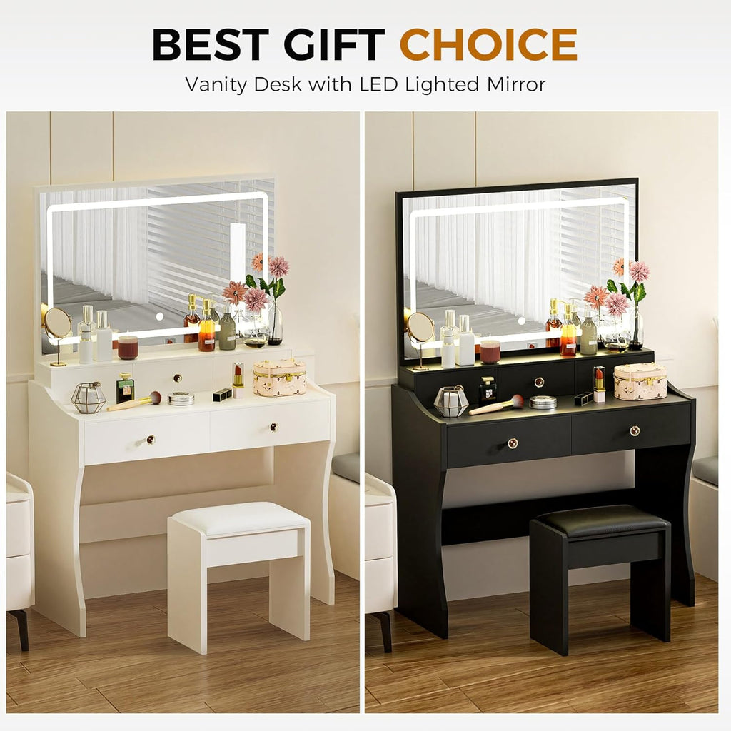 COMHOMA Makeup Vanity Desk with Mirror and Lights, Vanity Table and Chair Set wourant