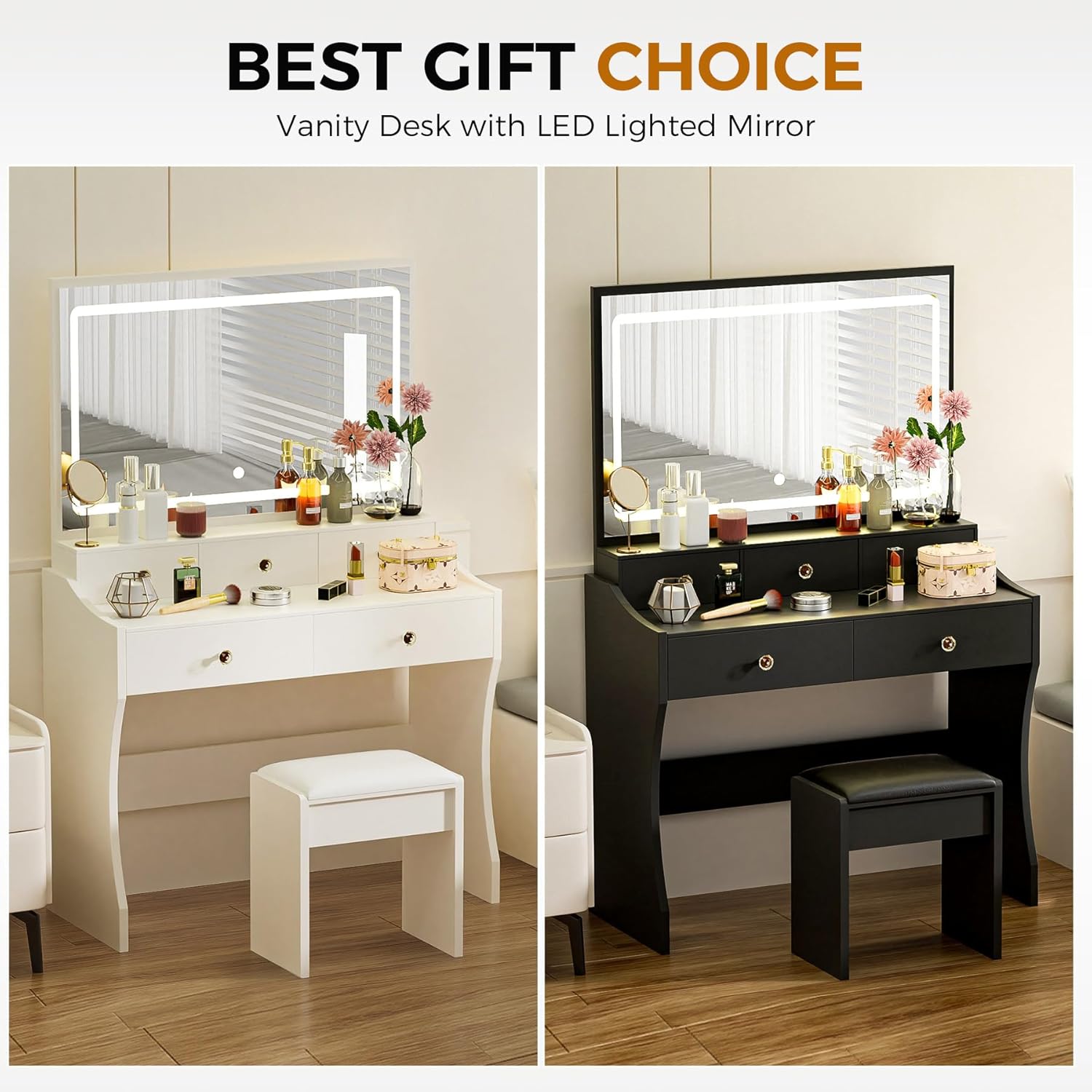 COMHOMA Makeup Vanity Desk with Mirror and Lights, Vanity Table and Chair Set wourant