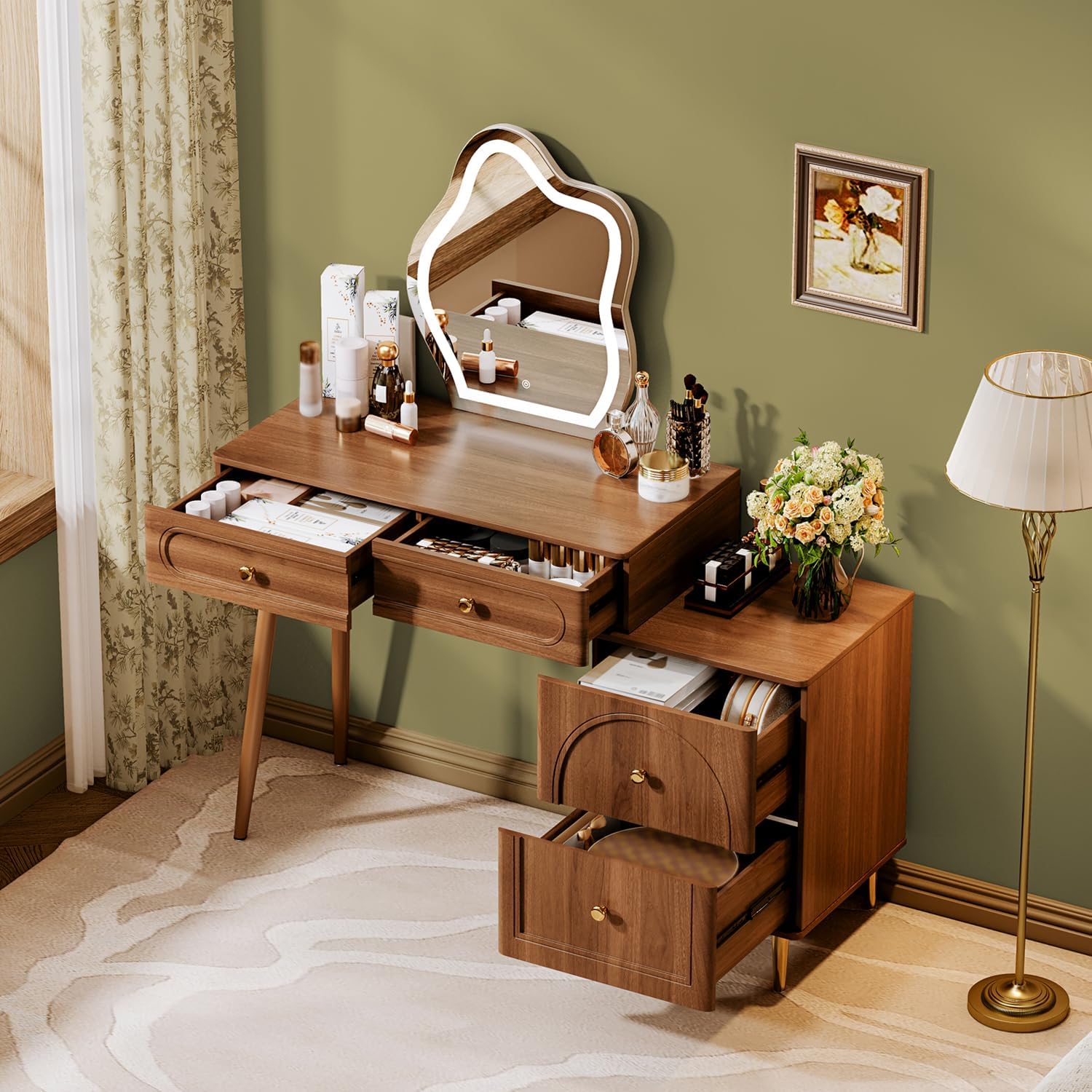 Walnut Stylish Corner Makeup Vanity Table，Vanity Desk with Lighted Mirror wourant