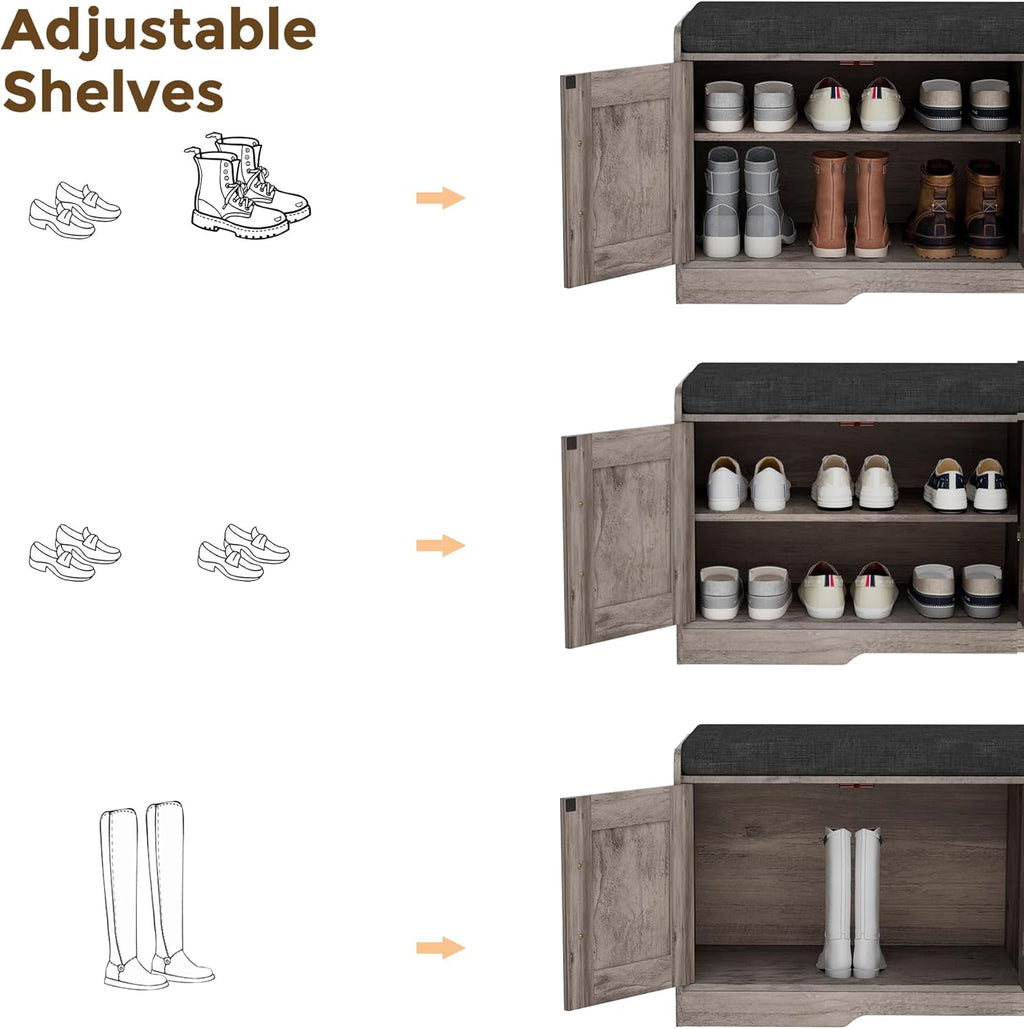 2-Tier Storage Bench, Shoe Bench with Thickened Padded Seat Cushion, Entryway Bench with 4 Doors, Adjustable Shelf wourant
