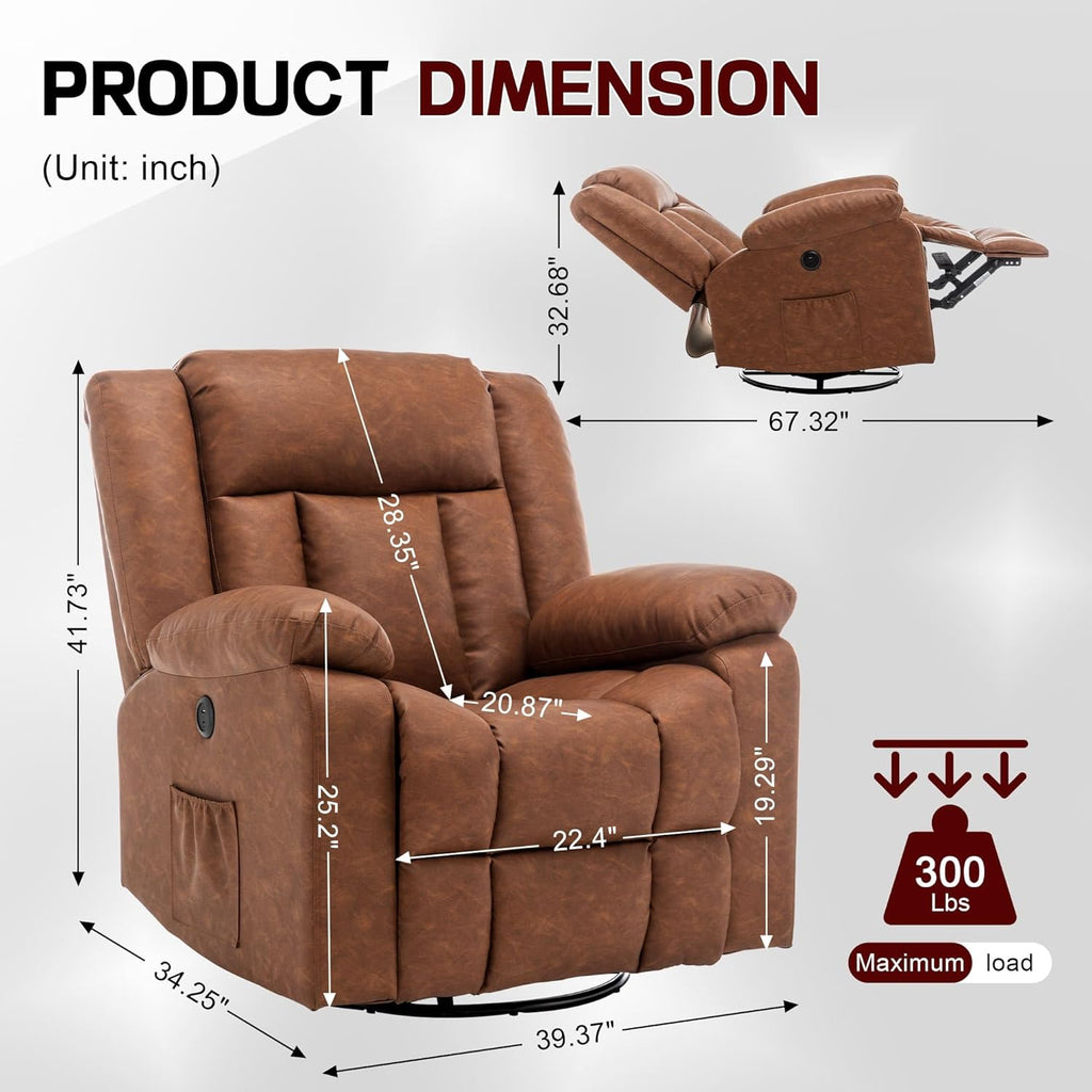 Rocker Recliner, Glider Recliner Chairs for Adults, 360° Swivel Rocking Chair with Massage and Heating, Nursery Chair with Storage and USB Charging for Living Room, Bedroom, Nursery wourant