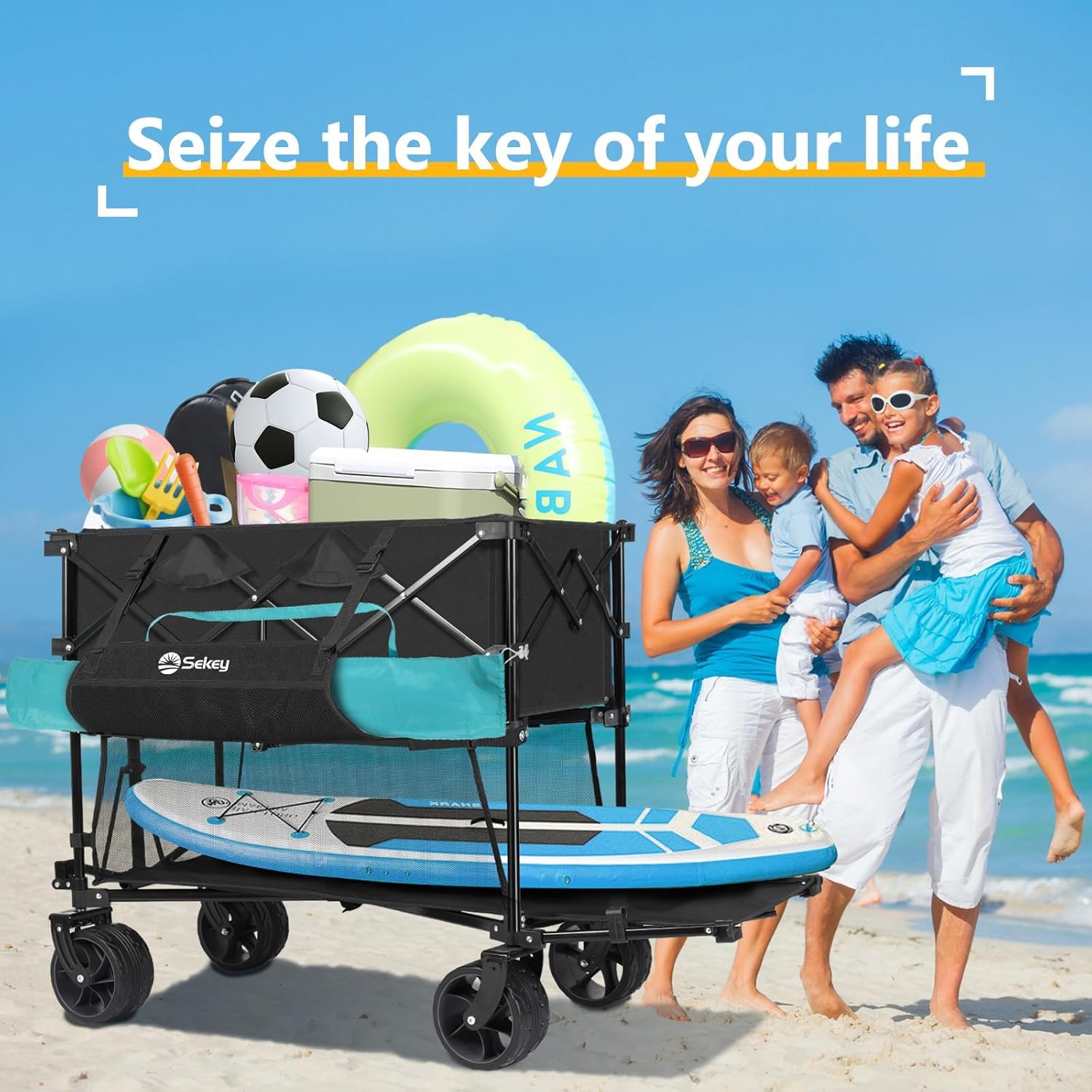 400L Large Capacity Folding Double Decker Wagon with Brakes, 50" Extra Long Extender Cart, 500lbs Heavy Duty Collapsible Wagons wourant
